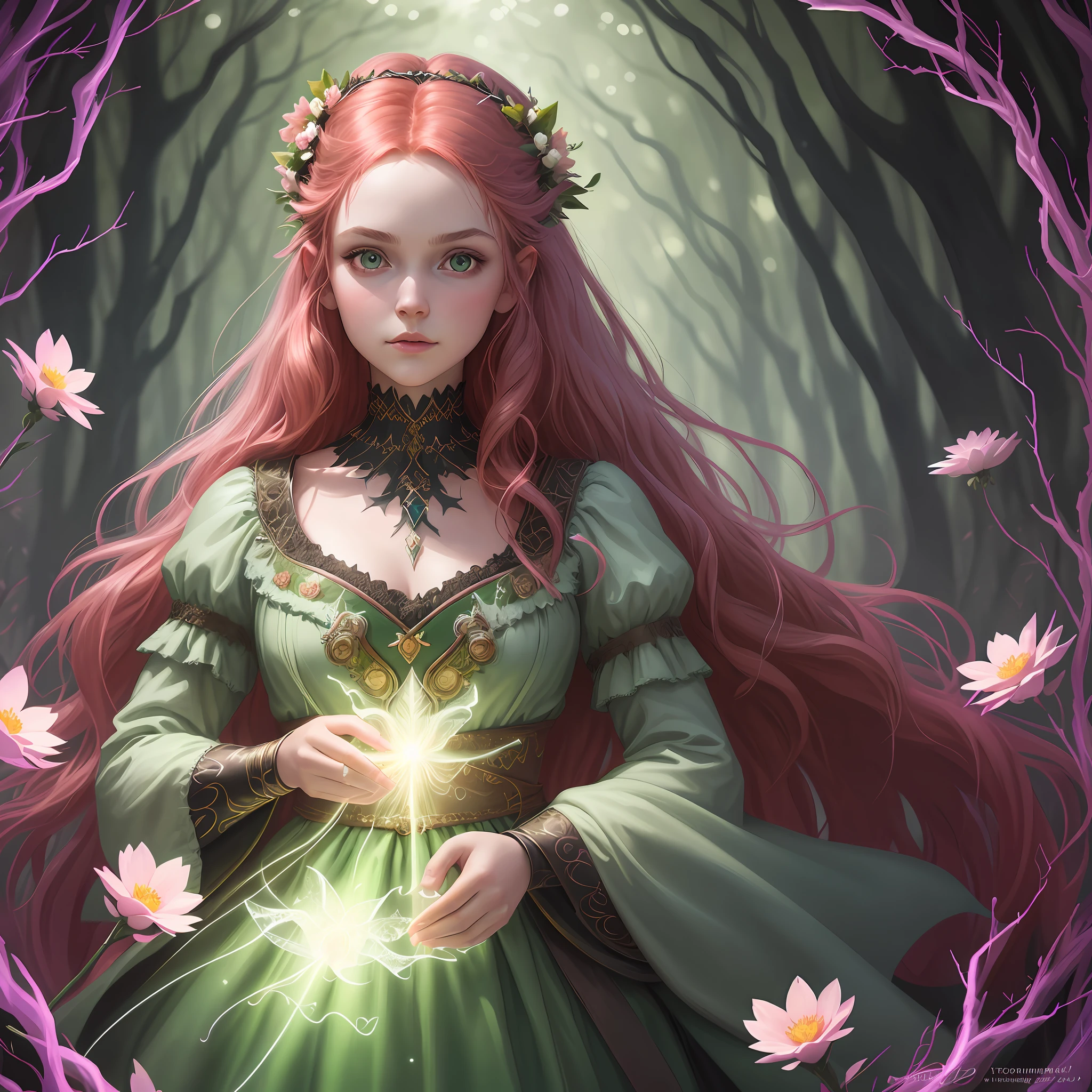 beautiful toddler princess, (magic forest background), pale pink skin, delicate and pretty detailed face, long and curly blood-red hair, detailed and realistic bright green eyes, fairy and flowers, wild flowers blending into hair, medieval princess red outfit, full body, cover, choker, hyperdetailed painting, luminism, Bar lighting, complex, 4k resolution concept art portrait by Greg Rutkowski, Artgerm, WLOP, little fusion pojatti realistic goth, fractal isometrics details bioluminescens : a stunning realistic photograph 4 years old-imagine