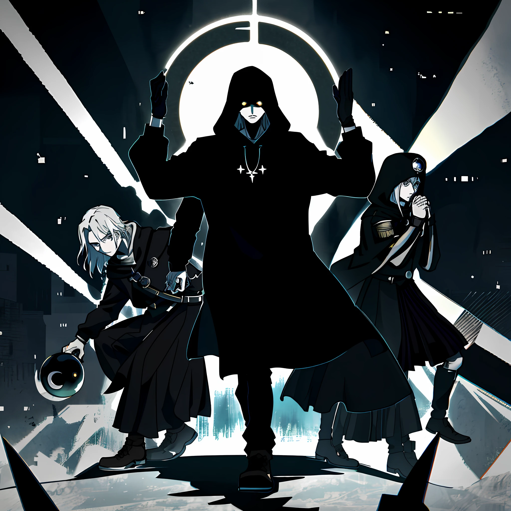 A hooded men in the center of the empire raising both hands up to the black sun, book cover, image from afar