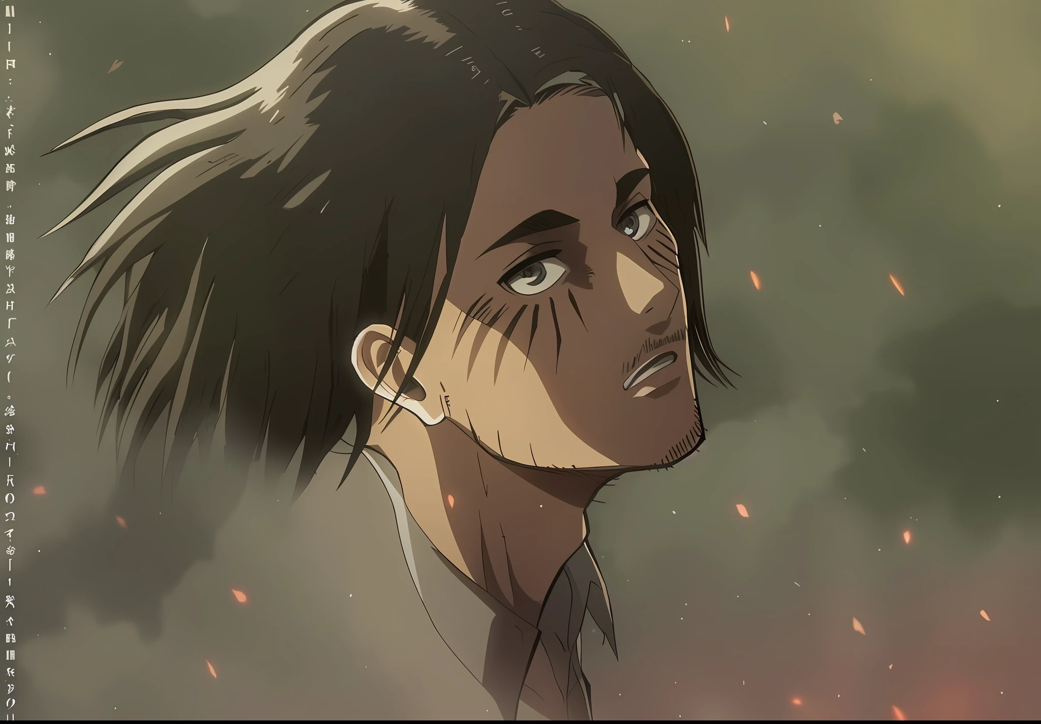 best quality, masterpiece, (realistic: 1.2), 1 man, Eren Jaeger, black jeans, black pants, brown hair, attack on Titan, cold background, black jacket, slim body, high definition, high quality, black clothes