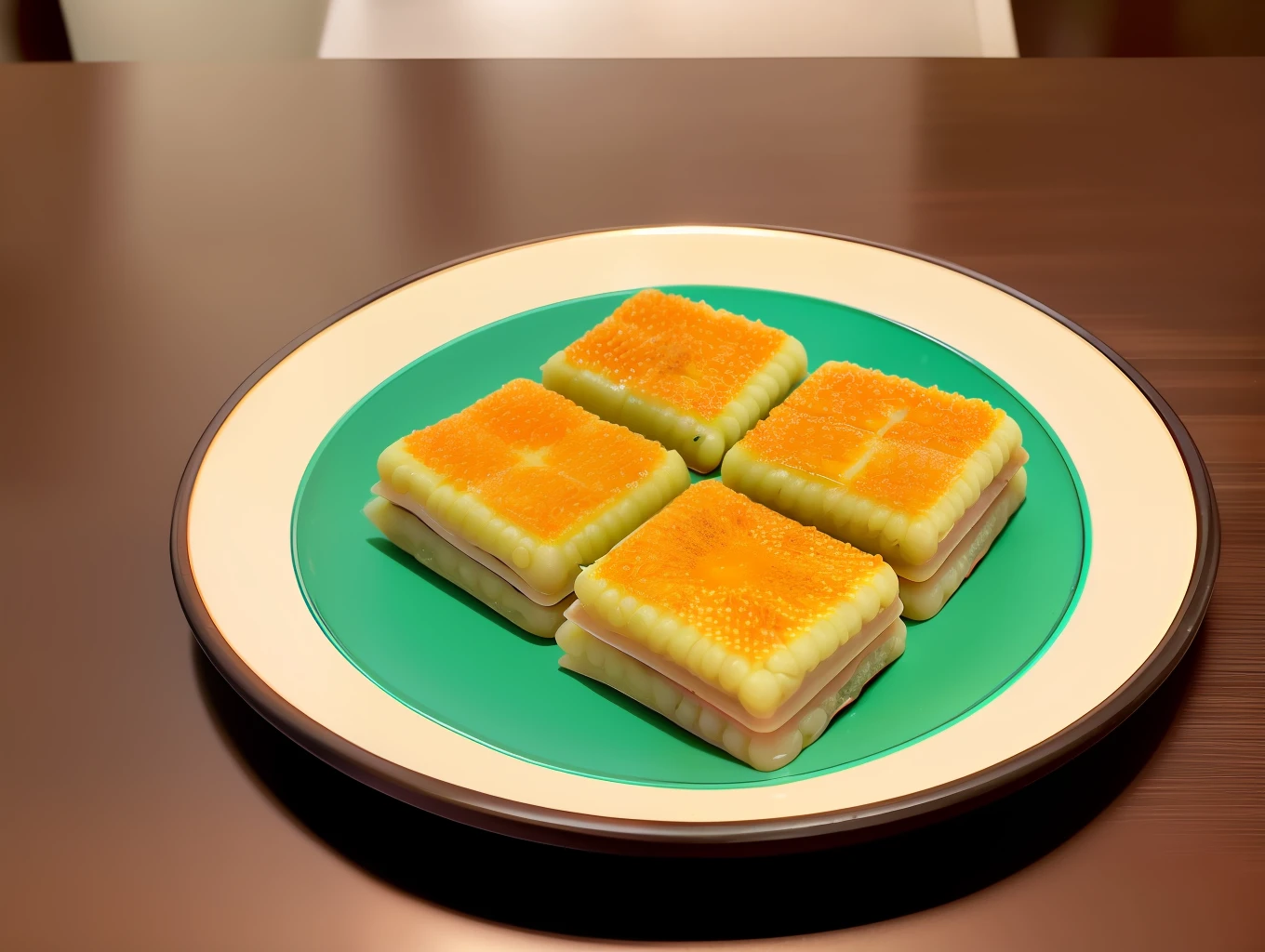 A plate of delicious mung bean cake, ((masterpiece)), ((real photo)), high detail, soft lighting, delicious, colorful, beautiful, trendy