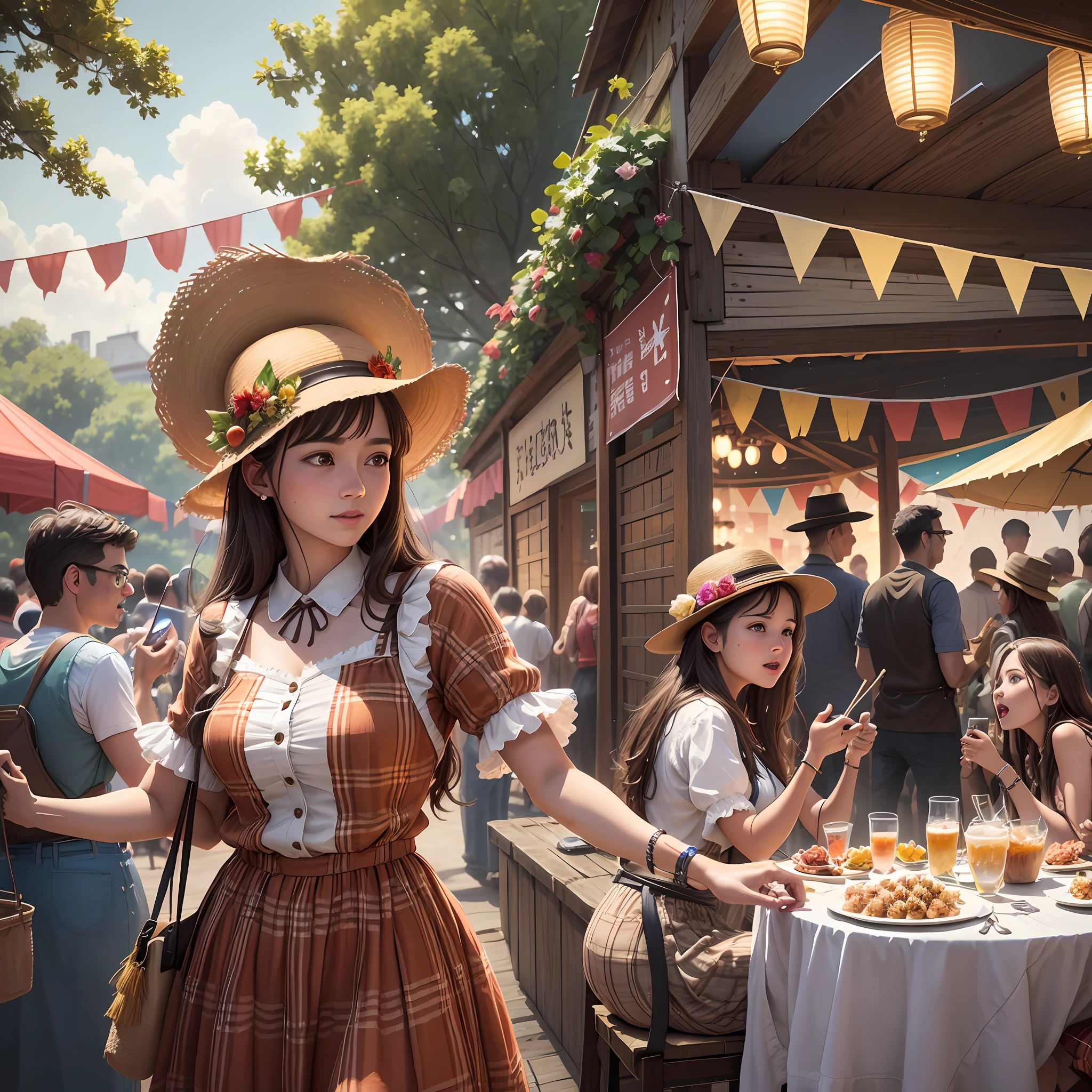 /imagine prompt: A lively June party takes place overnight in the backyard of a house, with a vast expanse of grass. The environment is depicted in ultra-realistic 8k, with all the details perfect and minutely represented. The tables are decorated with colorful towels, flags and lanterns illuminating the space. There is a bonfire in the center, surrounded by people dancing, wearing typical June costumes such as cheetah dresses, plaid shirts and straw hats. The typical food stalls are full of delicious delicacies, such as popcorn, pé-de-moleque, paçoca and quentão. The lighting is soft and warm, highlighting the festive and welcoming atmosphere. The image is a hyper-realistic digital painting, created with advanced digital painting techniques to faithfully reproduce the ultra-realistic details of the June party, people, clothes and decorative elements. --ar 16:9 --v 5