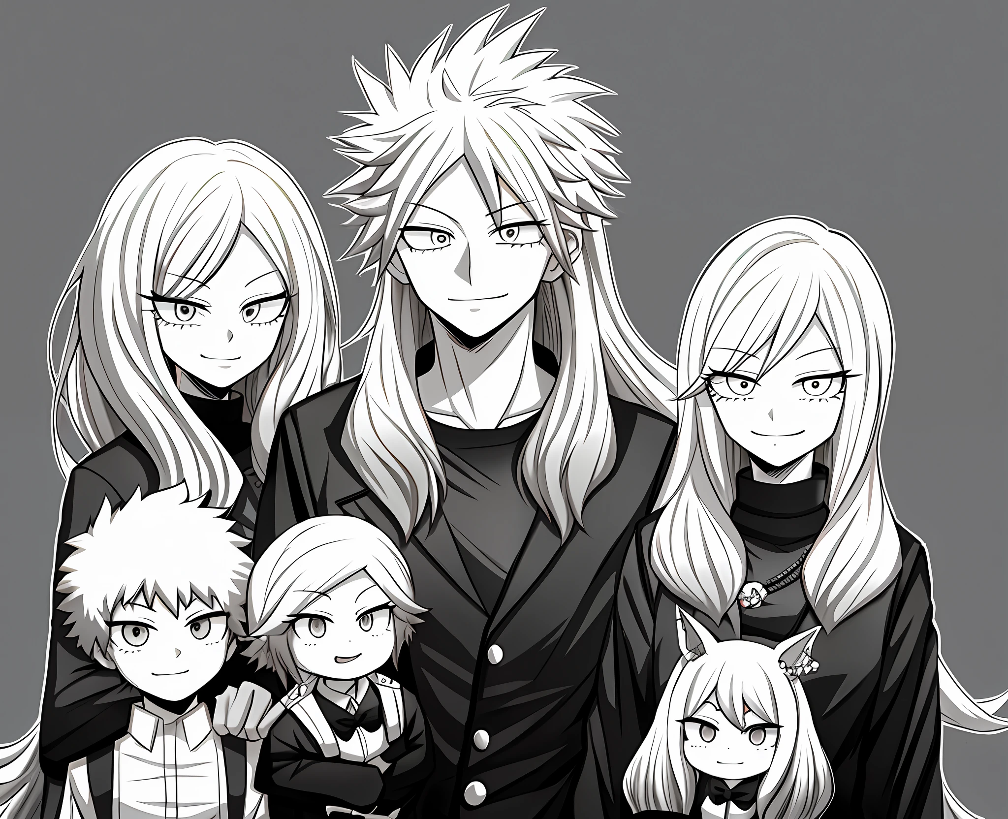 Family Photo, Tall, My Hero Academia art style. Monochrome Hair.