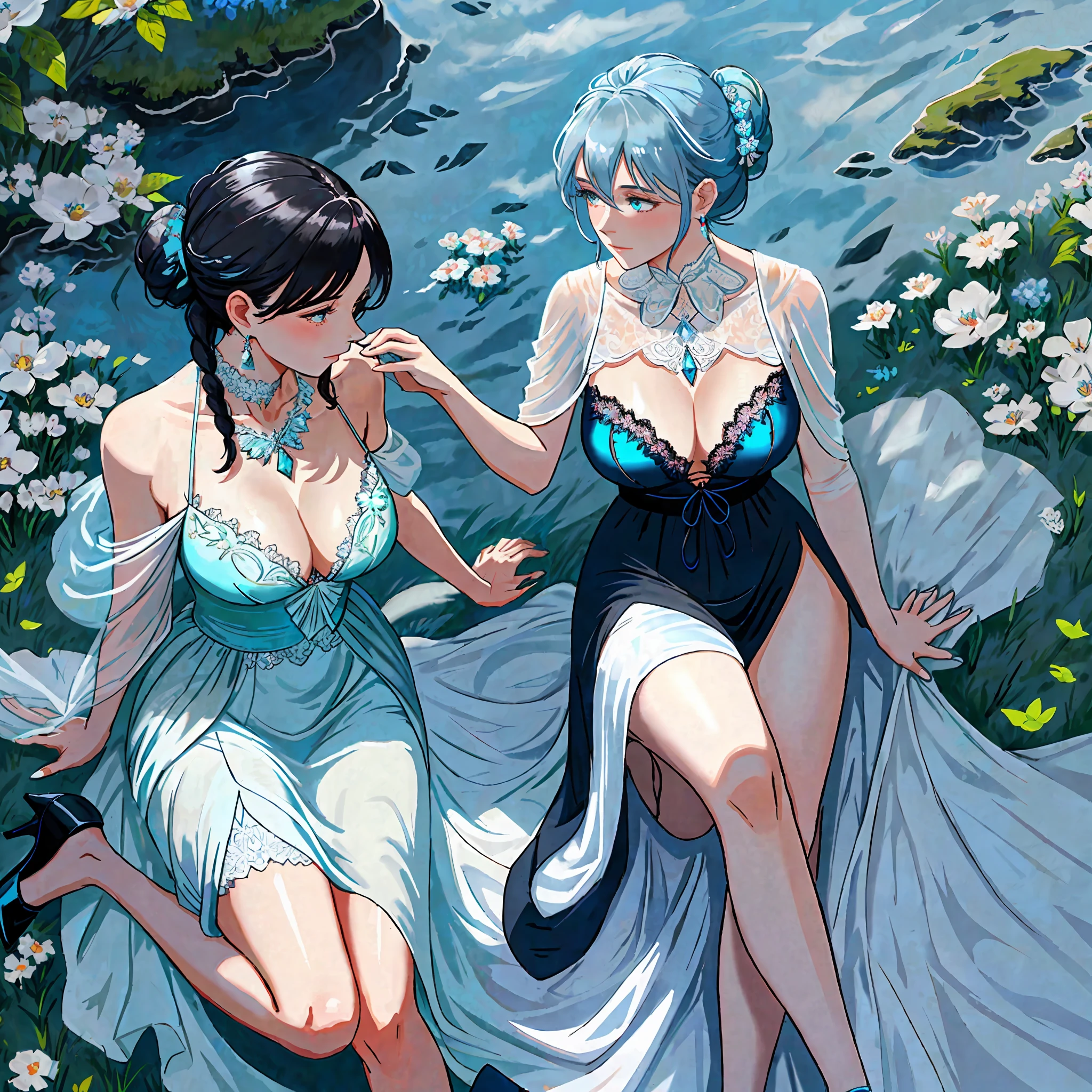 Mature woman, lace necklace, mom hairstyle, elegant hair tied up, ice stockings, sparkling blue-tailed butterfly maxi dress, leg ties, delicate earrings, black high heels, crystal pendant, turquoise empty grassland, blue sky, white clouds