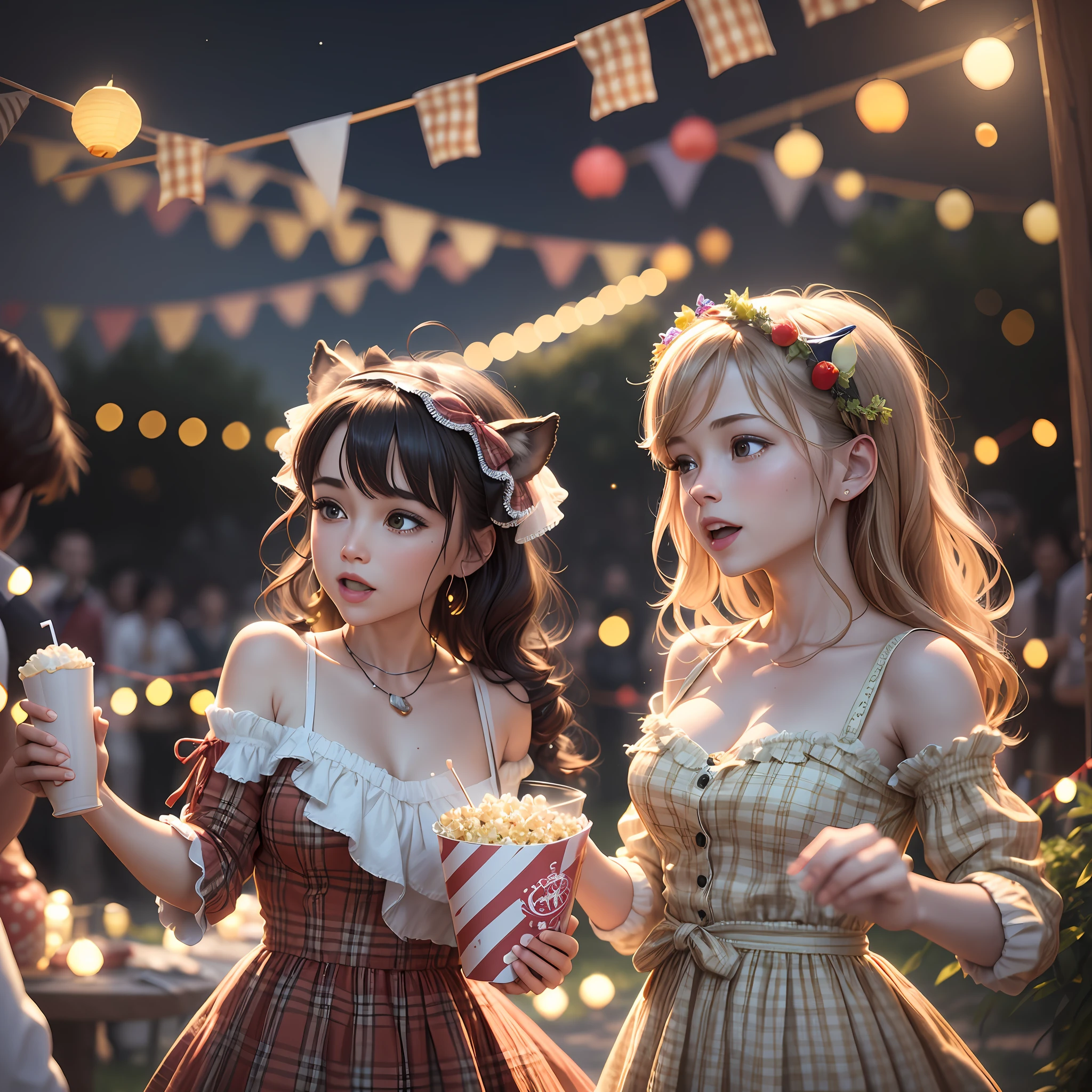 /imagine prompt: In a moonlit backyard, a joyous June party takes place at night. The environment is portrayed in ultra-realistic 8k, with all the details perfect and refined. The green, well-trimmed grass creates a cozy base for the tables decorated with checkered towels and colorful ornaments. People dance around the campfire, wearing typical June party costumes such as cheetah dresses and plaid shirts. In the food and beverage stalls, you can see popcorn, canjica, quentão and apple of love. The lighting is soft, coming from lanterns and lamps, providing a magical atmosphere. The image is a 3D digital sculpture, created with advanced modeling and rendering software, which accurately reproduces the ultra-realistic details of the June party