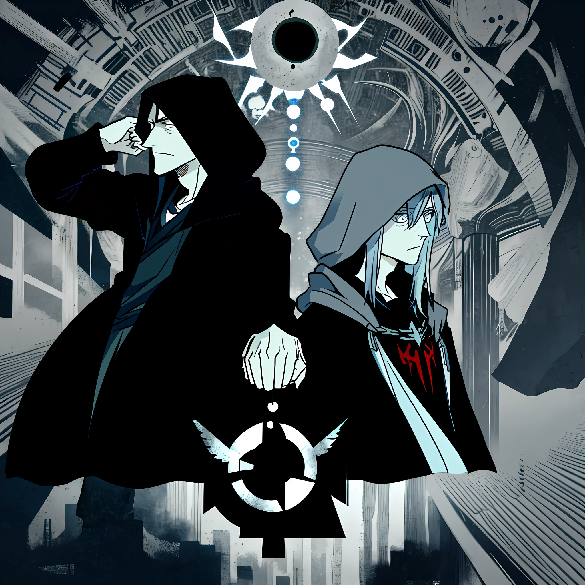 A hooded men in the center of the empire raising both hands up to the black sun, book cover, image from afar, anime