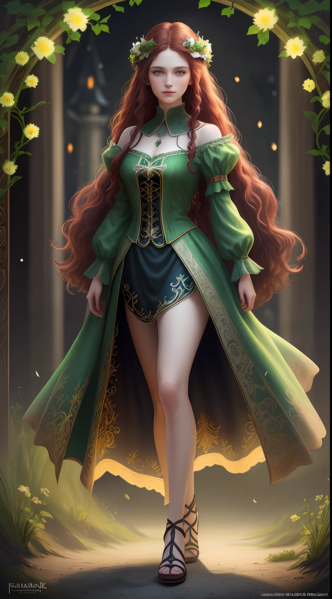 Beautiful girl, (castle background), pale skin, delicate and very detailed face, long and curly dark red hair, detailed and realistic bright green eyes, fairies and flowers, wild flowers blending into the hair, elegant medieval princess red dress, full body, hyper-detailed painting, luminism, bar lighting, complex, 4k resolution concept art portrait by Greg Rutkowski, isometric details bioluminescens fractals: An impressive realistic photograph - imagine