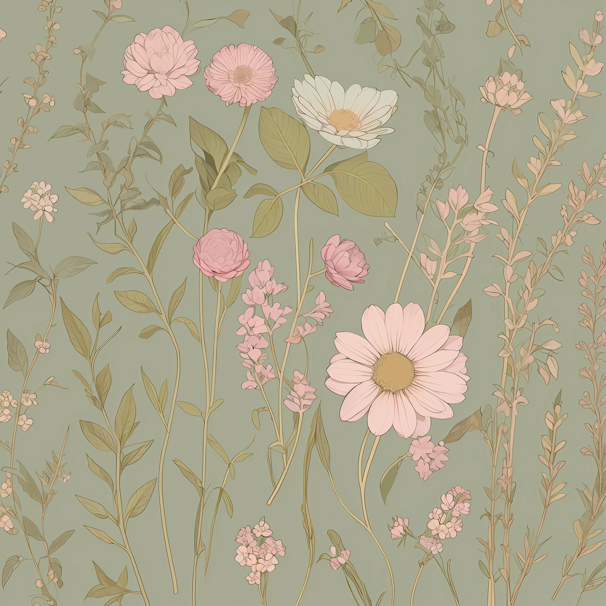 Small flower pattern label style, flat style, vector style, drawing style, naïve style, in very soft pastel colors such as old pink, moss green, light blue, beige, light yellow. WHITE BACKGROUND