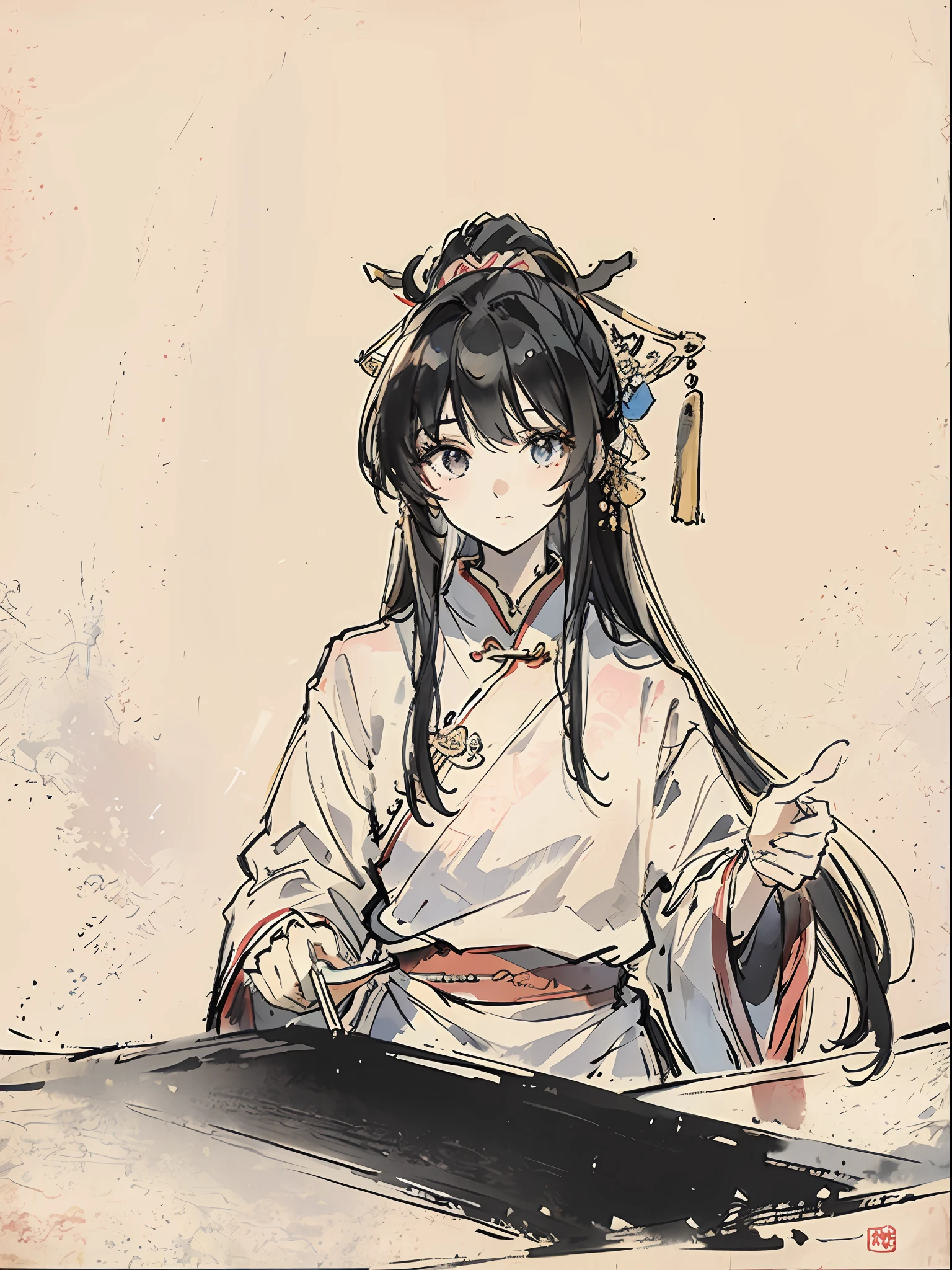 Ultra high resolution, masterpiece, best quality, super high detail, fine detail, epic composition, (blank background), (looking at the viewer head-on, portrait: 1.6,) a beautiful girl in ancient China, long hair, traditional Chinese ink painting, Hanfu,