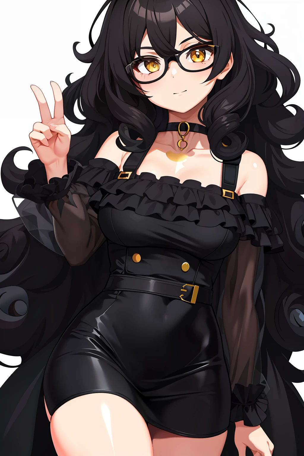 1girl, curly hair, black dress, choker, female, glasses, yellow eye