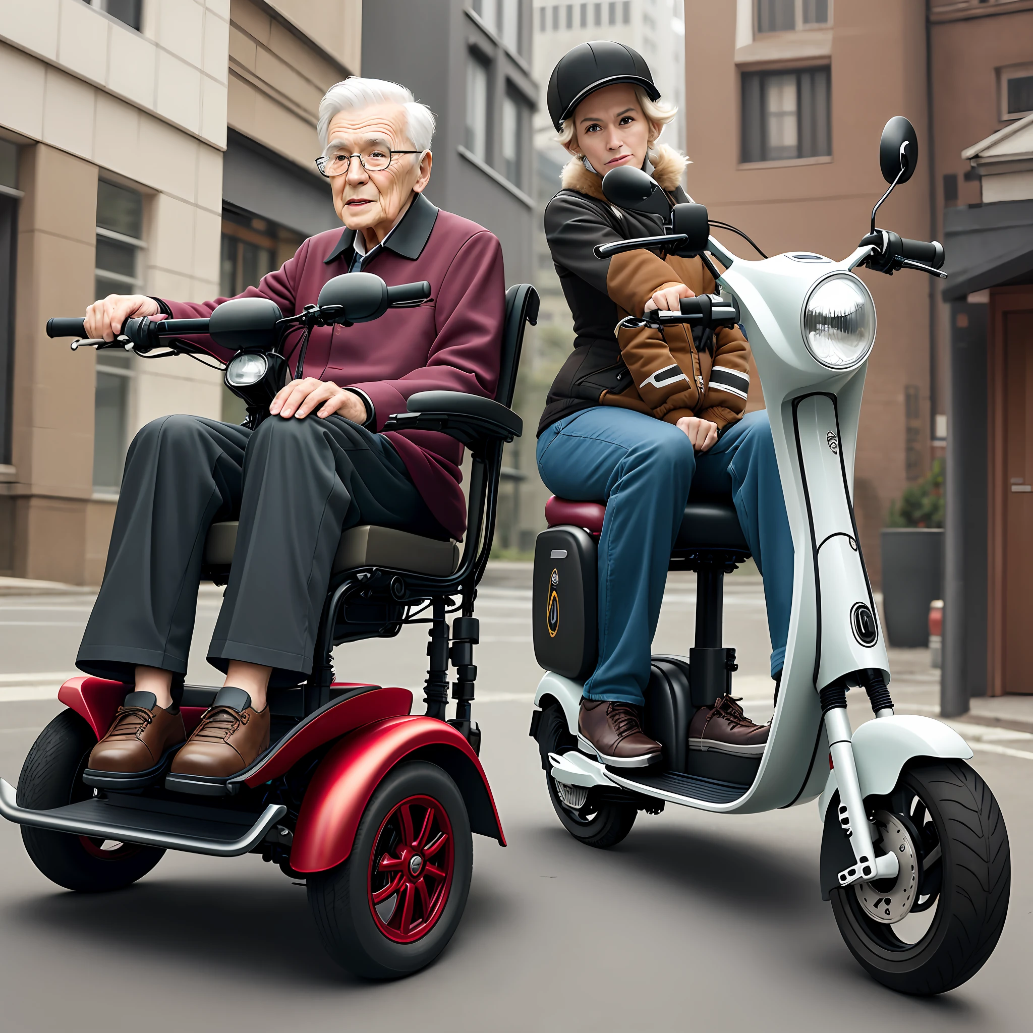 they are two people riding on a scooter in the street, by Ni Yuanlu, by Yi Jaegwan, by Bernardino Mei, two old people, by Matija Jama, by Zlatyu Boyadzhiev, very stylish, fall season, looks smart, elderly, by Jakob Gauermann, by Yan Hui, by Jesper Knudsen