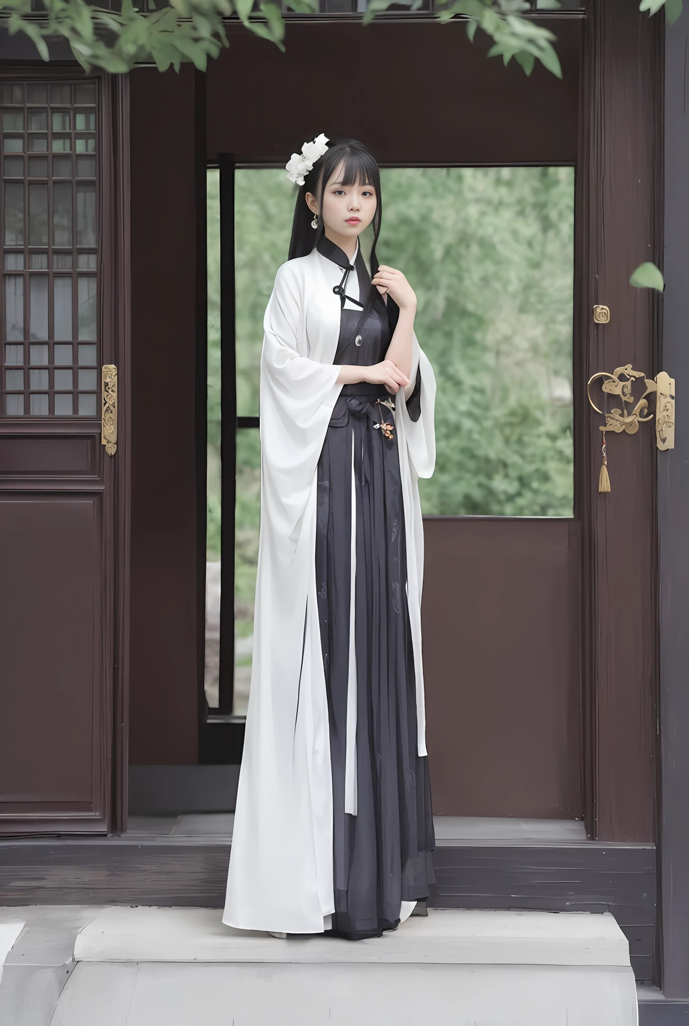 Woman in black dress standing in front of the door, Hanfu, dressed in ancient Chinese costume, court, Hanfu girl, wearing ancient Chinese costume, classical robe, traditional Chinese costume, inspired by Gu'an, classical witch robe, white Hanfu, wearing luxurious silk cloak, Guo Hua style, traditional Han costume