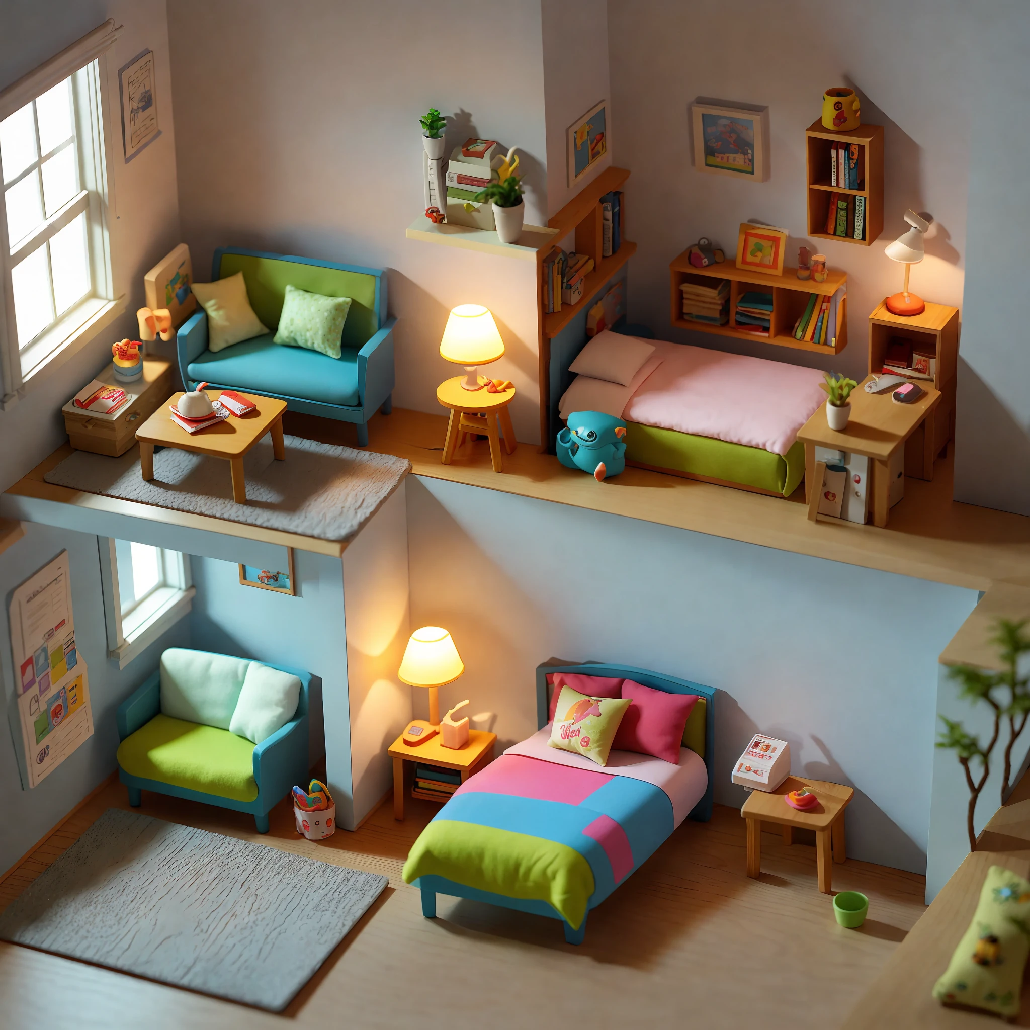 (Pixar style),A model of a cozy small room, miniature figure model, light source from right to left, Rumbrandt lighting, light source from right to left, (isometric view), (top-down), realistic scale, post-processing, ((orthogonal perspective)), super detail, realistic, super realistic, realistic render, rainbow color, glitter