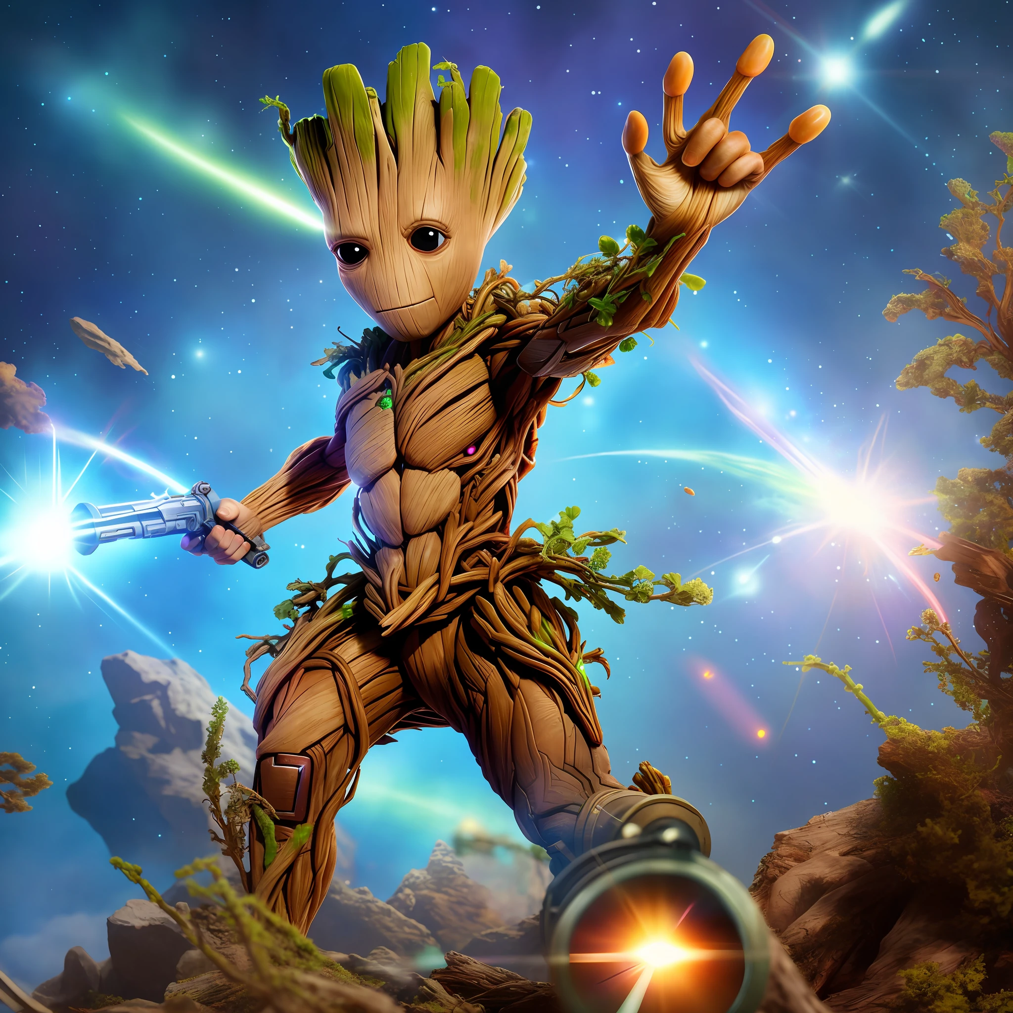 Groot of guardians of the galaxy, with futuristic weapon, realistic 8k, blurred galaxy background