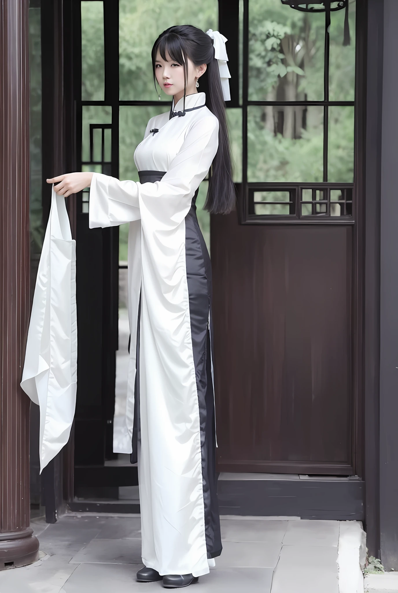 Woman in black dress standing in front of the door, Hanfu, dressed in ancient Chinese costume, court, Hanfu girl, wearing ancient Chinese costume, classical robe, traditional Chinese costume, inspired by Gu'an, classical witch robe, white Hanfu, wearing luxurious silk cloak, Guo Hua style, traditional Han costume
