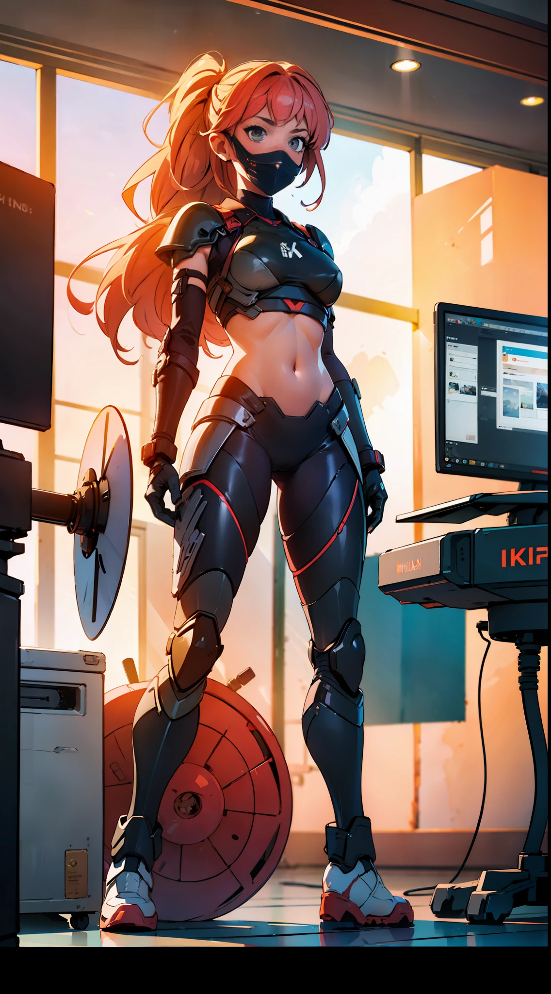 ((high quality)), ((masterpiece)), 8k, 2girls, body armor, light rays, extremely detailed wallpaper CG unity 8k, game cg, looks at the viewer, gloves, boots, whole body, watch, computer, mask, drone, mechanical weapon,