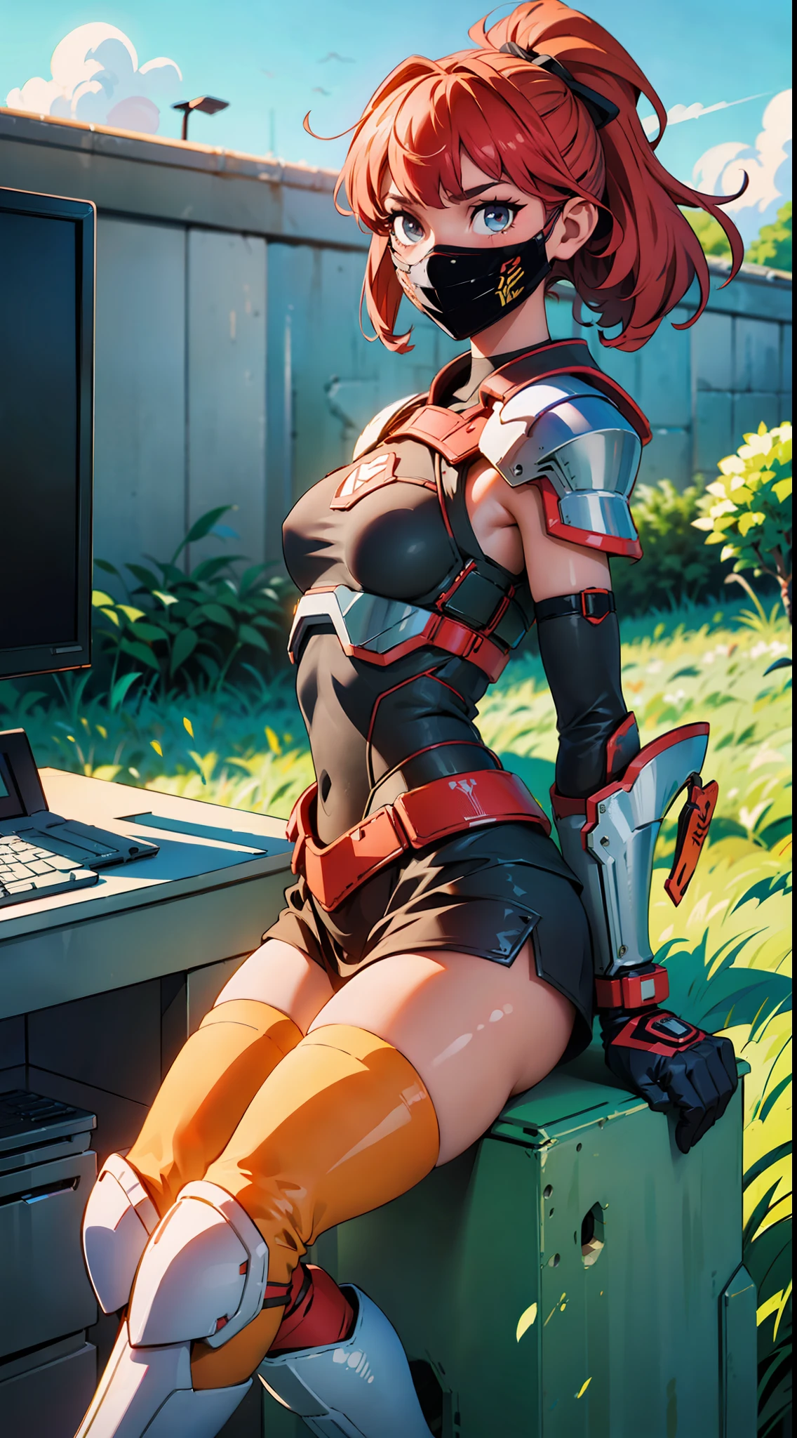 ((high quality)), ((masterpiece)), 8k, 2girls, body armor, light rays, extremely detailed wallpaper CG unity 8k, game cg, looks at the viewer, gloves, boots, whole body, watch, computer, mask, drone, mechanical weapon,