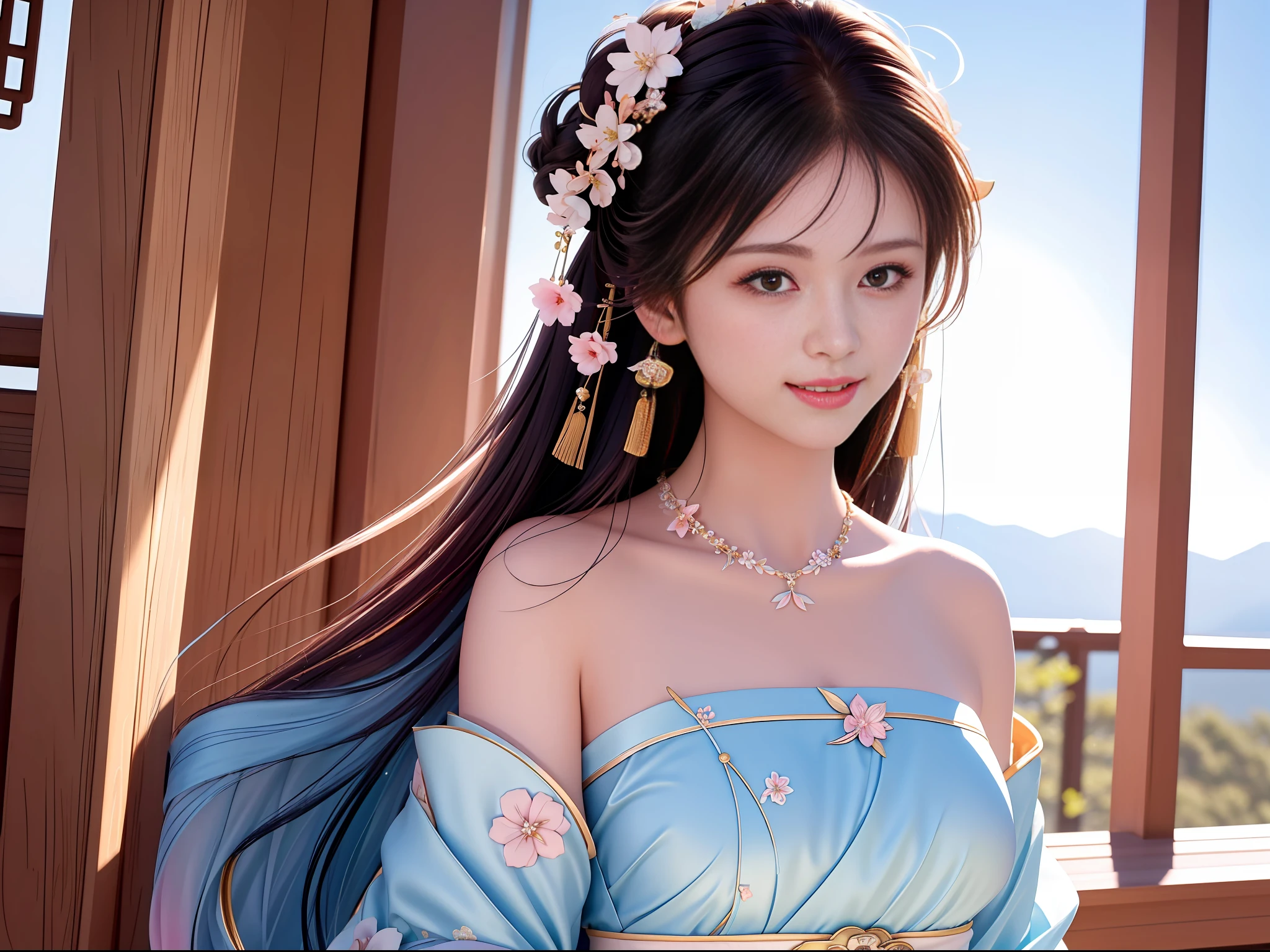 Awesome, Masterpiece, High Resolution, 8k, ((1girl)), A Girl, Solo, Blush, (Seductive Smile: 0.8), Star Pupil, (Realistic Face), Chinese Hanfu, Light Blue Dress, Bandeau, Leaky Shoulders, Long Hair Fluttering, Bangs, Hair Accessories, Necklaces, Jewelry, Beauty, on_body, Tyndall Effect, Realistic, Light Edge, Two-tone Lighting, Plum Blossom, (High Detail Skin: 1.2), 8K UHD, SLR, Soft Light, High Quality, Volume Lighting, Candid Photos, High resolution, 4K, bokeh