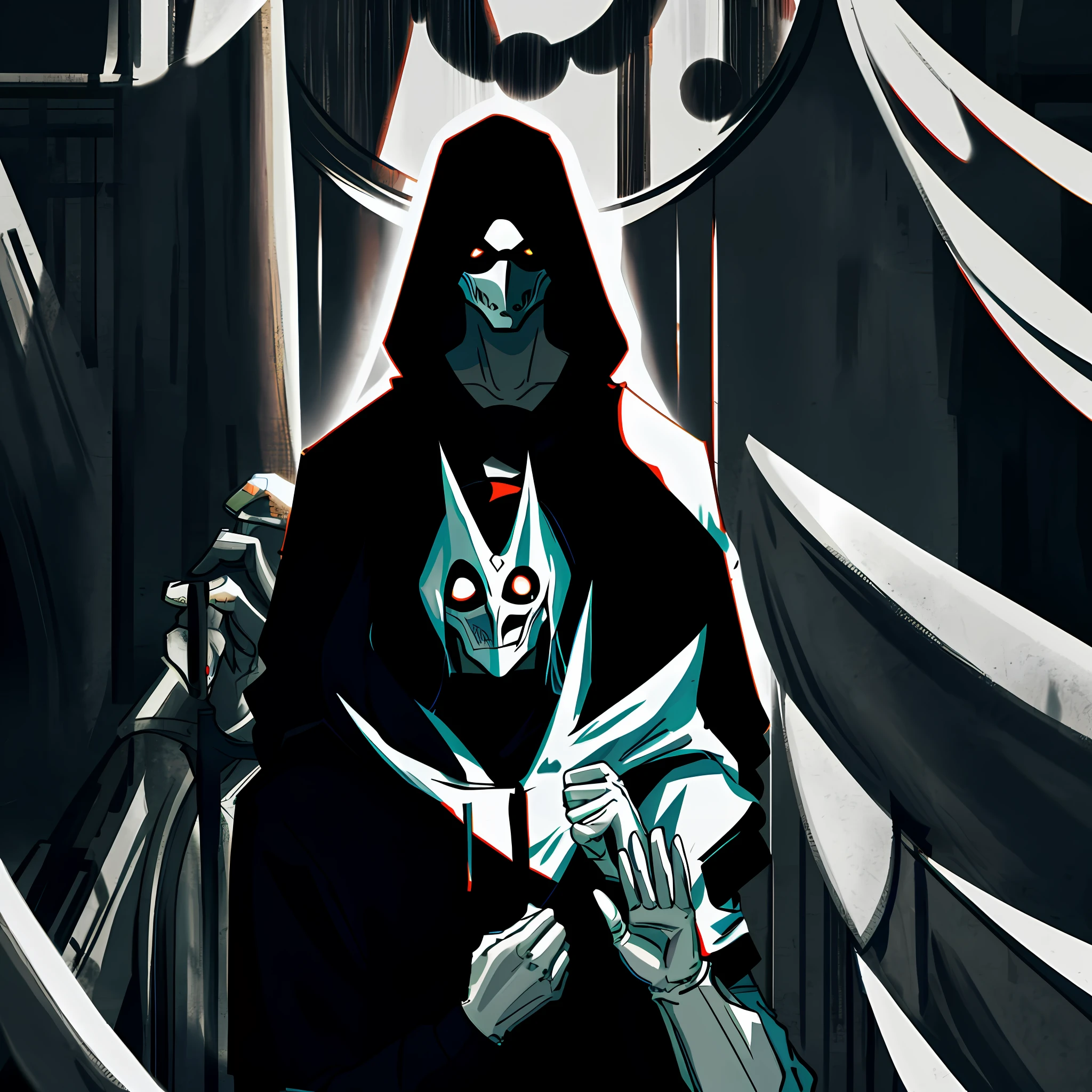 A hooded men with mask, in the center of the empire raising both hands up to the black sun, image from afar, anime