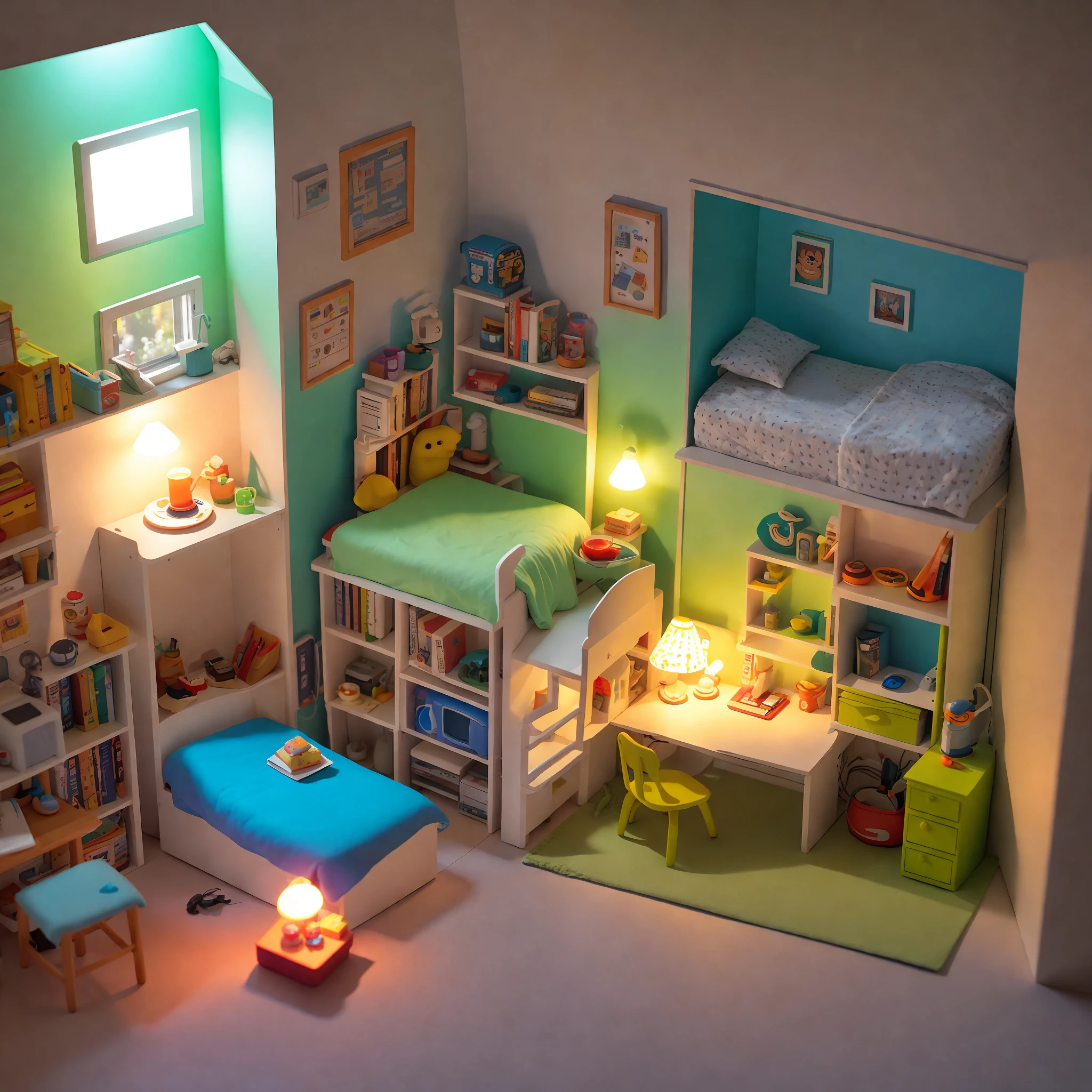 (Pixar style),A model of a cozy small room, miniature figure model, light source from right to left, Rumbrandt lighting, light source from right to left, (isometric view), (top-down), realistic scale, post-processing, ((orthogonal perspective)), super detail, realistic, super realistic, realistic render, rainbow color, glitter