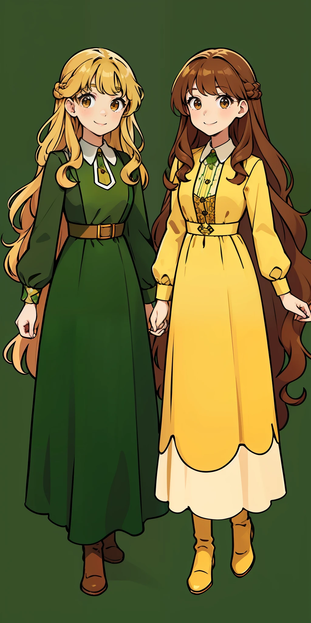 Woman, brown hair, curly hair, long hair, hazel eyes, extremely detailed, smile, green dresses, full body shot, matching outfits, identical outfits, brown hair, blonde hair, different hair colors, twin sisters