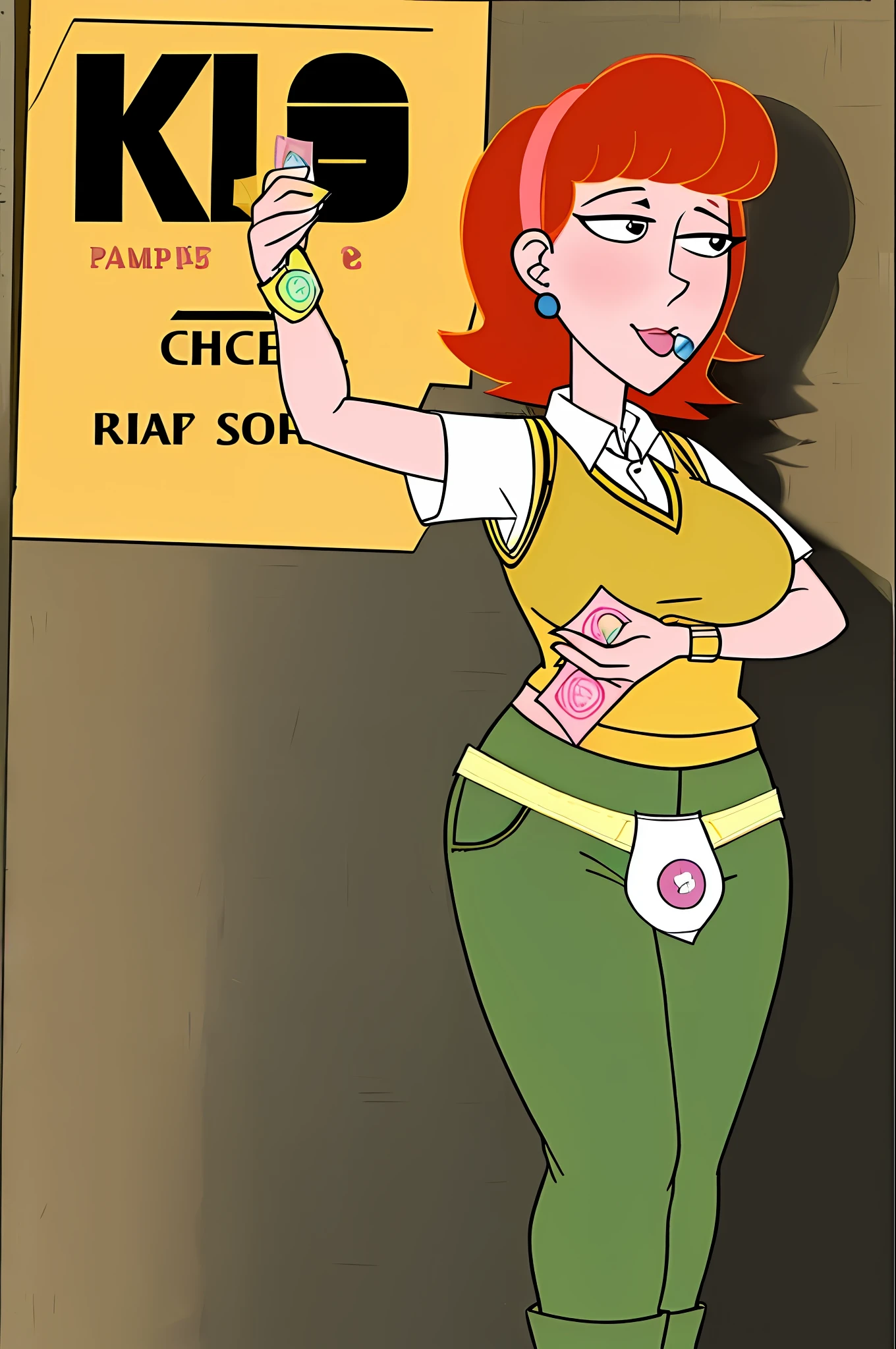Linda Flynn-Fletcher, masterpiece, best quality, 1 girl, solo, tone, mature woman,, pants, sweater vest, yellow vest, green pants, standing (( condom holding, condom on chest, condom after use))(( biting condom, holding condom, condom after use hanging on chest and leg strap))