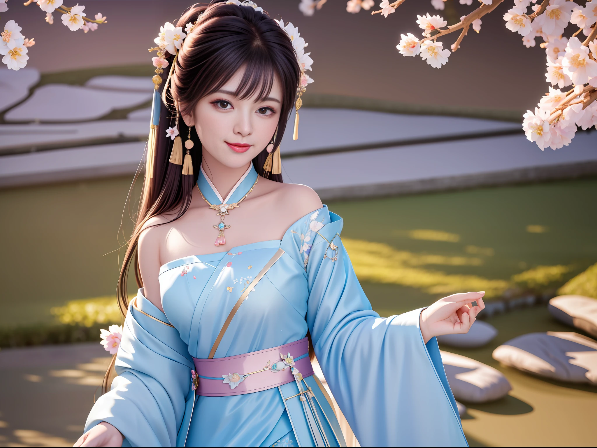 Awesome, Masterpiece, High Resolution, 8k, ((1girl)), A Girl, Solo, Blush, (Seductive Smile: 0.8), Star Pupil, (Realistic Face), Chinese Hanfu, Light Blue Dress, Bandeau, Leaky Shoulders, Long Hair Fluttering, Bangs, Hair Accessories, Necklaces, Jewelry, Beauty, on_body, Tyndall Effect, Realistic, Light Edge, Two-tone Lighting, Plum Blossom, (High Detail Skin: 1.2), 8K UHD, SLR, Soft Light, High Quality, Volume Lighting, Candid Photos, High resolution, 4K, bokeh