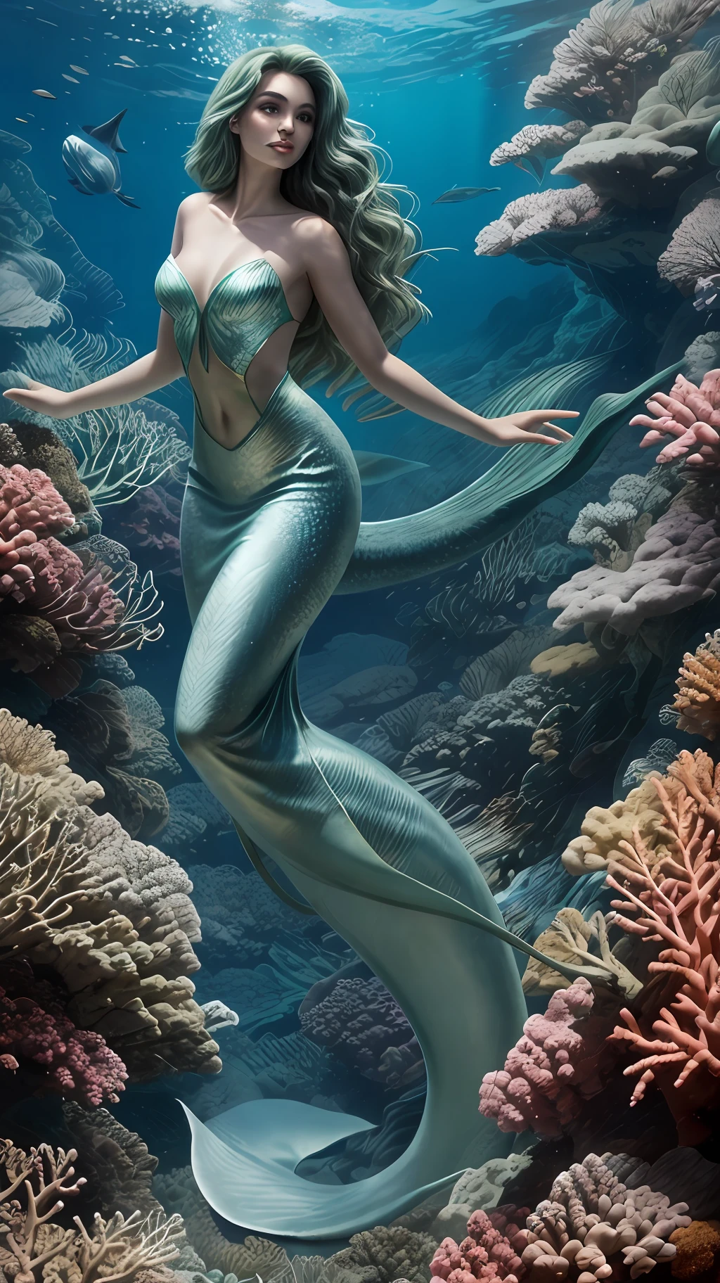 A mermaid, mystical, slender and elegant body, with the upper part being human and the lower one transformed into a scaly fish tail, skin with luminous and soft tone,Her face is harmonious and charming, large and expressive eyes, long silky hair flowing in sinuous waves, color of her hair in shades of sea-green, dark-blue,  on the seabed, algae, fish, starfish, corals