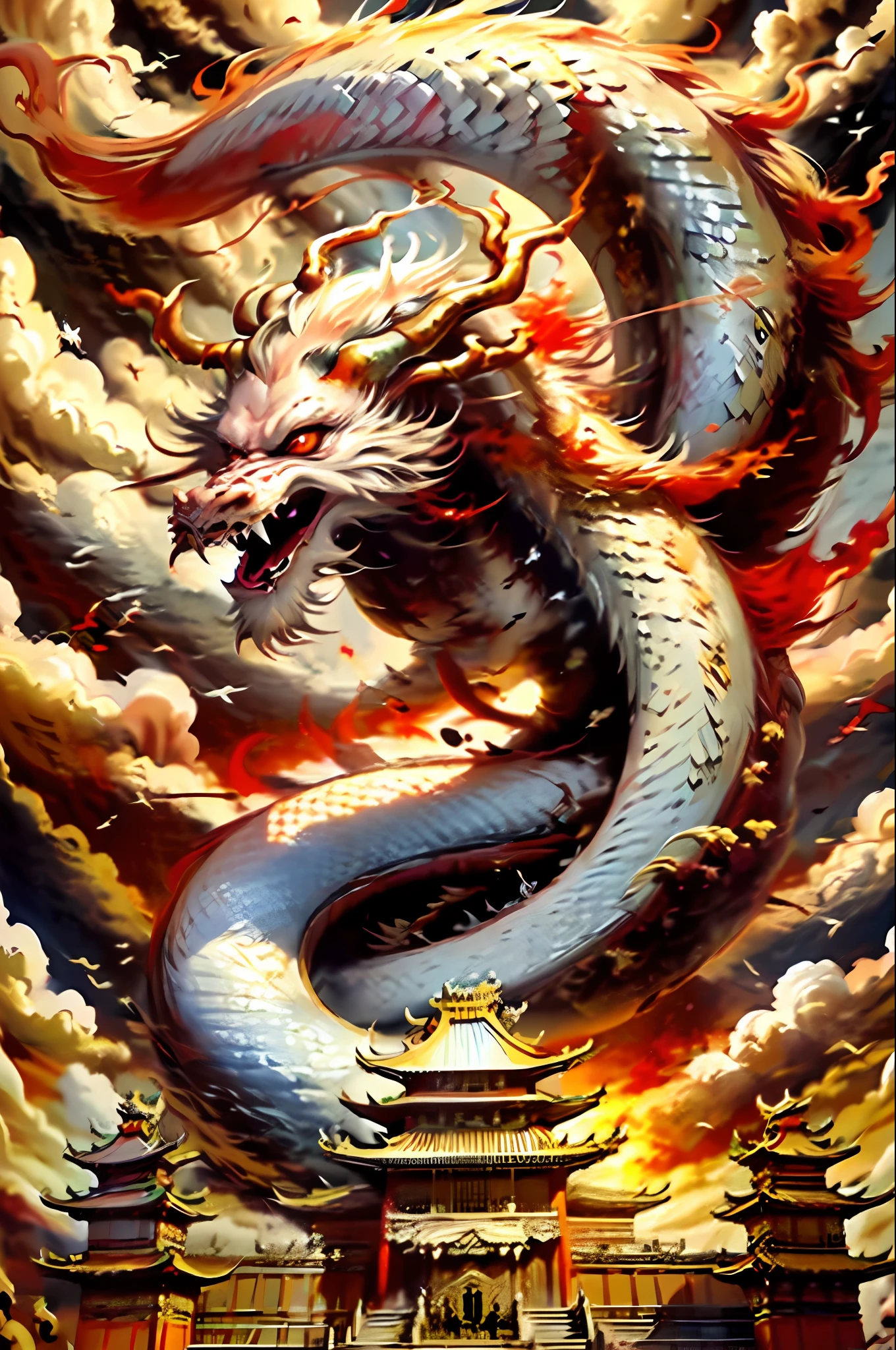 Best quality,masterpiece,ultra high res,nu no humans, (long:1.2),no humans, cloud, architecture, east asian architecture, red eyes, horns, open mouth, sky, fangs, eastern dragon, cloudy sky, teeth, flying, fire, bird, wings