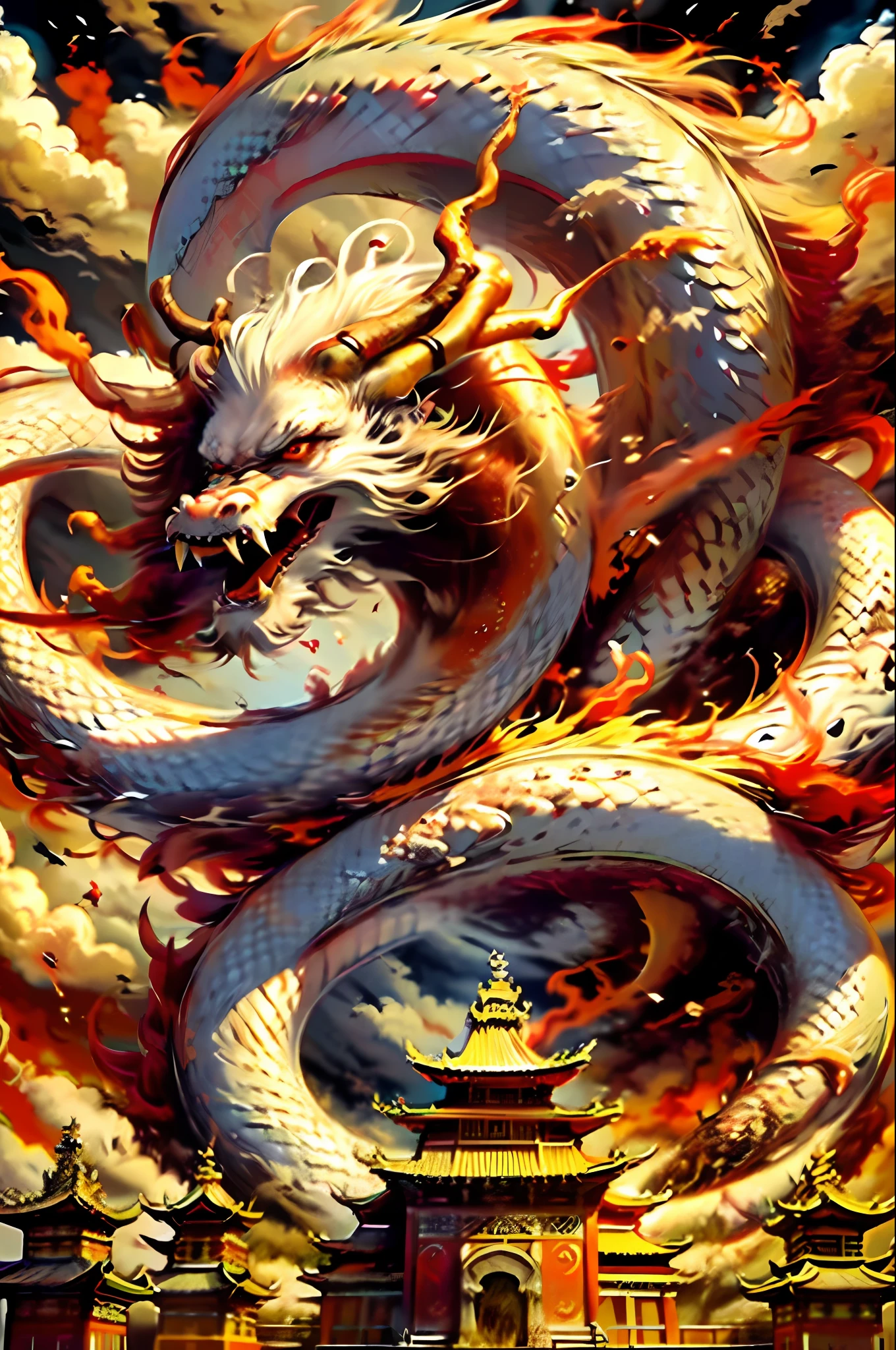 Best quality,masterpiece,ultra high res,nu no humans, (long:1.2),no humans, cloud, architecture, east asian architecture, red eyes, horns, open mouth, sky, fangs, eastern dragon, cloudy sky, teeth, flying, fire, bird, wings
