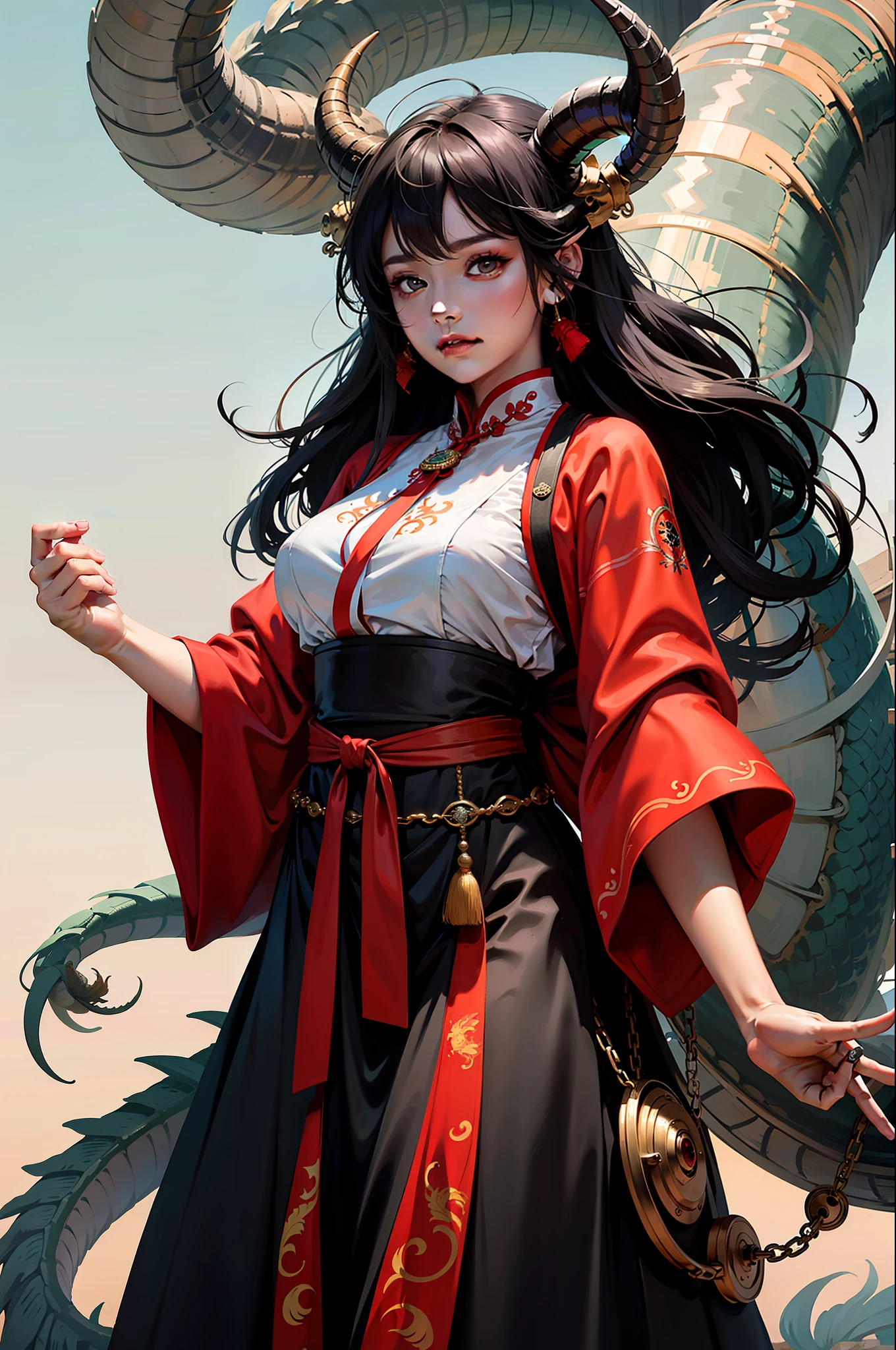 (masterpiece), (best quality), (8k resolution), RAW photo, girl wearing Hanfu, with a huge dragon, long, horns, moster
