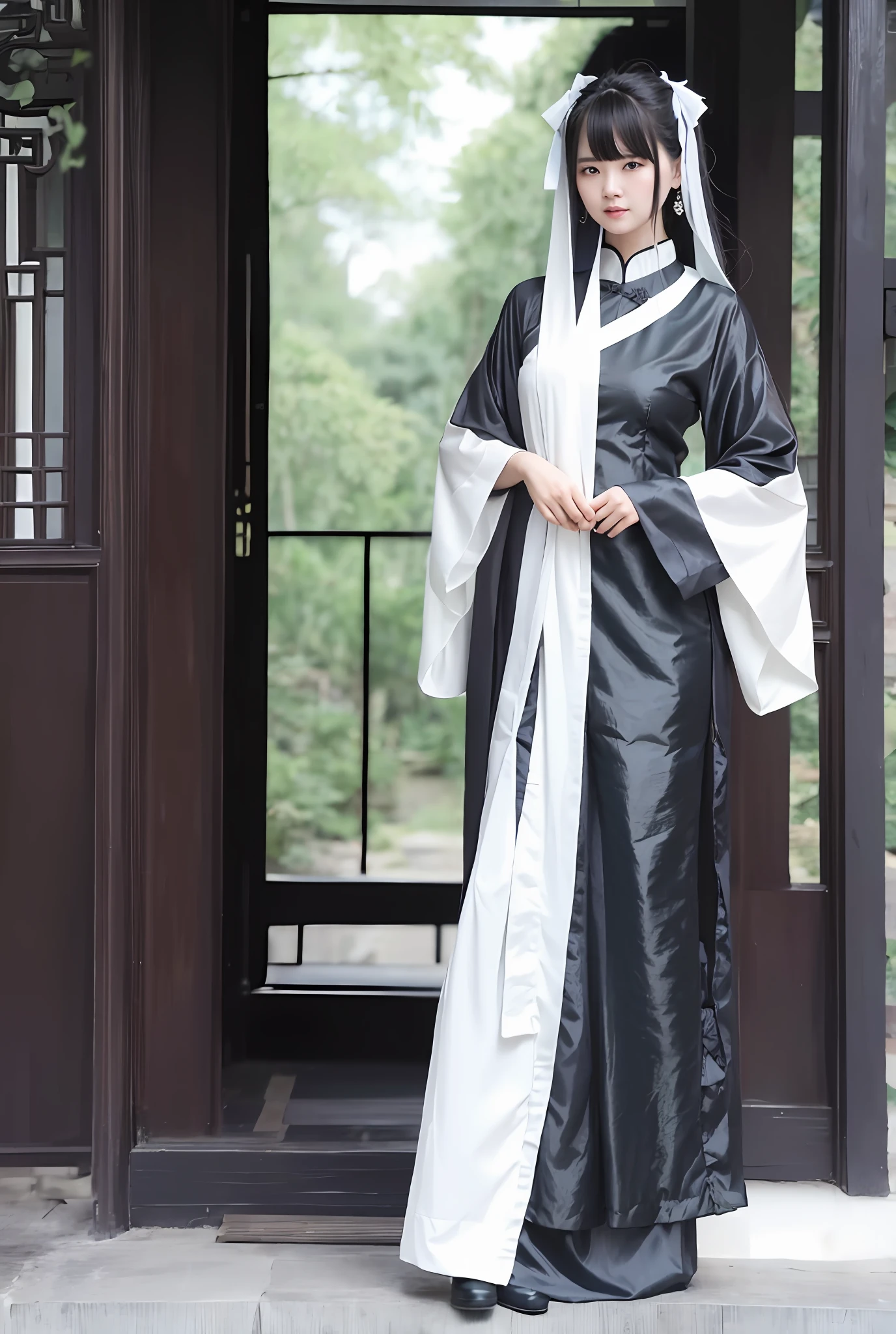 Woman in black dress standing in front of the door, Hanfu, dressed in ancient Chinese costume, court, Hanfu girl, wearing ancient Chinese costume, classical robe, traditional Chinese costume, inspired by Gu'an, classical witch robe, white Hanfu, wearing luxurious silk cloak, Guo Hua style, traditional Han costume
