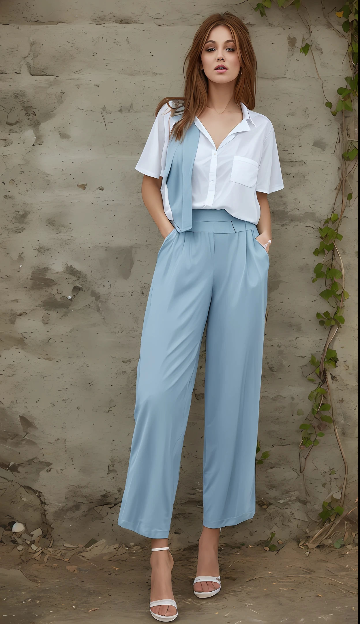 1. Fresh and lovely: lightweight shirt + high-waisted wide-leg pants
This kind of outfit is perfect for early summer, as it is both fresh and beautiful. A white or light blue shirt and high-waisted wide-leg pants are very comfortable and can highlight your body curves. The pants slightly expose the skin, even without any details, it will look attractive. If the outside temperature is lower, you can add a vest with a large front pocket to create more layering. Please take a full-body photo, look at the camera, in 8K HD with DSLR, high-resolution, realistic feeling, and shallow depth of field (0.8).