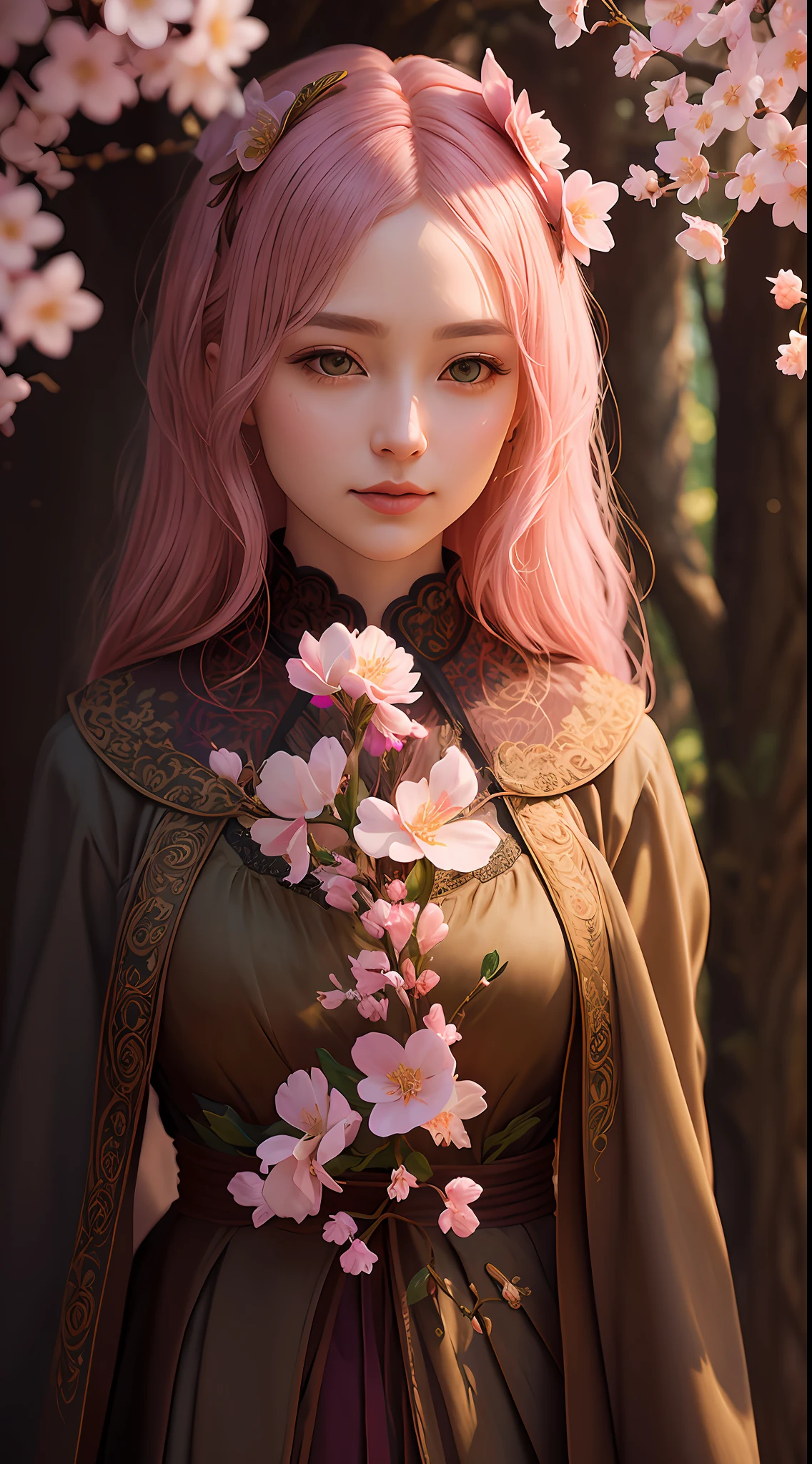 A flower by Casey Weldon, Olga Kvasha, Miho Hirano, hyperdetailed intricately detailed gothic art trending on Artstation triadic colors Unreal Engine 5 detailed matte painting, deep color, fantastical, intricate detail, splash screen, complementary colors, fantasy concept art, 8k resolution, gothic deviantart masterpiece, (dark shot:0.9), art by greg rutkowski and artgerm, soft cinematic light, adobe lightroom, photolab, hdr, intricate, highly detailed, pink cherry blossom