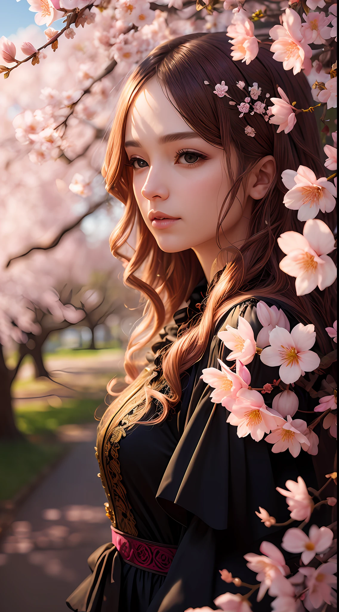 A flower by Casey Weldon, Olga Kvasha, Miho Hirano, hyperdetailed intricately detailed gothic art trending on Artstation triadic colors Unreal Engine 5 detailed matte painting, deep color, fantastical, intricate detail, splash screen, complementary colors, fantasy concept art, 8k resolution, gothic deviantart masterpiece, (dark shot:0.9), art by greg rutkowski and artgerm, soft cinematic light, adobe lightroom, photolab, hdr, intricate, highly detailed, pink cherry blossom