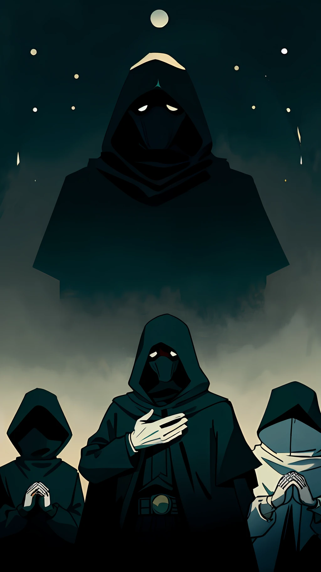 A hooded men with mask, in the center of the empire raising both hands up to the black sun, image from afar, anime