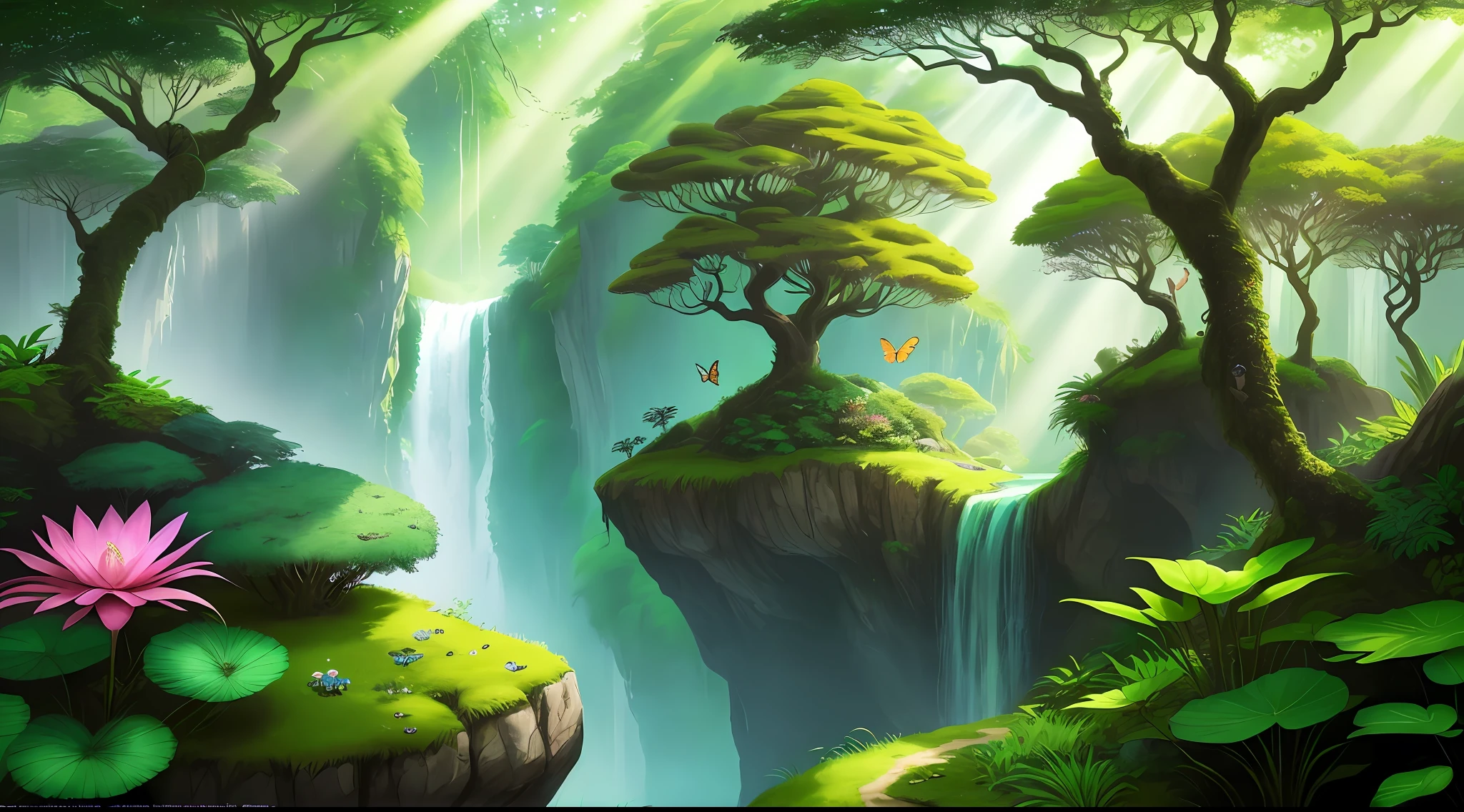 The image shows a lush and exotic green valley, immersed in a rich tropical vegetation. The scene is dominated by a dense forest of tall trees, with interlocking canopies that form a lush canopy. The trees display a variety of shades of green, from the vibrant shades of emerald to the softest hues of lime and jade.
Sunlight gently penetrates between the leaves, creating beams of light that illuminate the path below. On the ground, a dense vegetation composed of lush ferns, mosses and colorful shrubs forms a charming landscape. Small streams wind through the valley, reflecting sunlight and creating small waterfalls that flow smoothly.
The diversity of plants is impressive. Tropical plants with large, exotic leaves stand out amidst the landscape. Colorful bromeliads cluster on tree trunks, creating vivid dots of color. Delicate orchids bloom in lush flowers, hanging from branches and rocks.
A variety of wildlife inhabit this natural environment. Monkeys jump from branch to branch, creating a lively uproar in the treetops. Colorful tropical birds crisscross the sky in a graceful ballet, their vibrant feathers contrasting with the lush green all around. Butterflies and dragonflies dance in the air, adding a touch of delicacy to the scene.
In the background, overgrown mountains emerge majestically completing the verdant landscape. The gentle mist embraces the mountain slopes, adding a touch of mystery and serenity to the scenery.
This image conveys the abundance and vitality of nature, revealing a tranquil and magical refuge in a verdant world full of life.