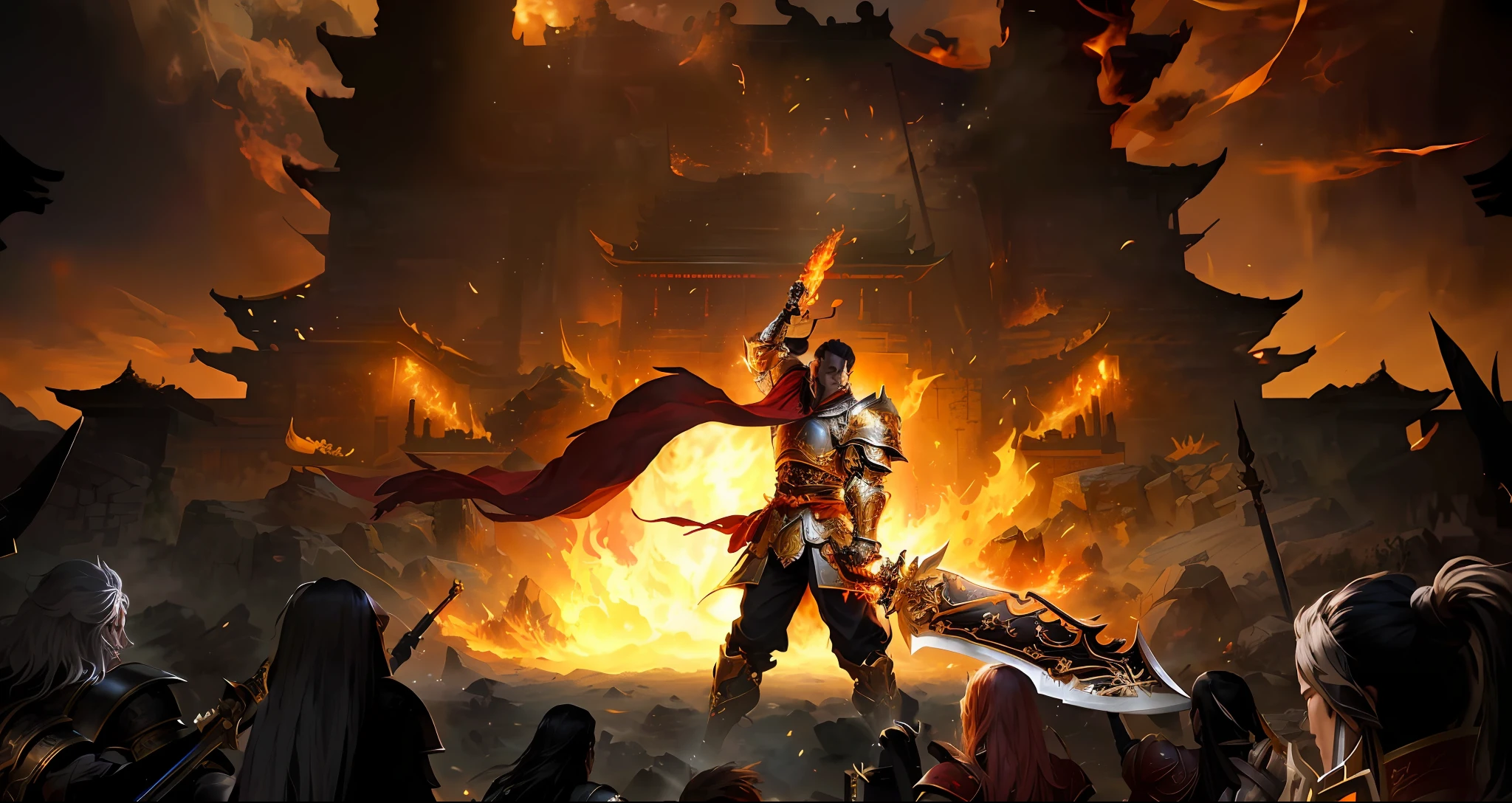 arafed image of a man in armor holding a sword in front of a fire, lord of cinder, g liulian art style, by Yang J, guildwar artwork, bian lian, inspired by Li Kan, holding a flaming sword, epic fantasy game art, inspired by Fenghua Zhong, inspired by Huang Shen, detailed game art illustration