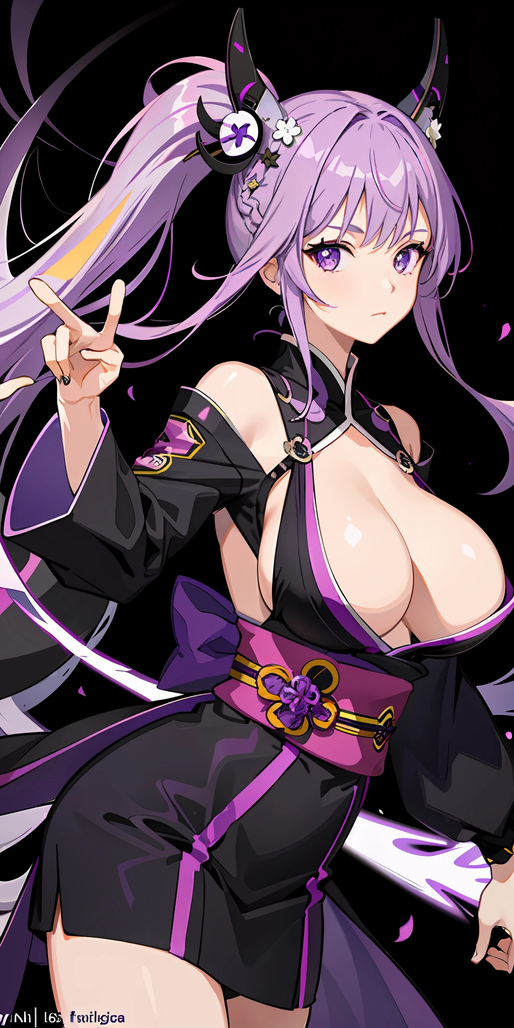 1girl, purple hair, multicolored hair(black,purple), purple eyes, mask on head, sidelighting, light particles, wallpaper, big breast,kimono, dynamic pose, bring a polarm