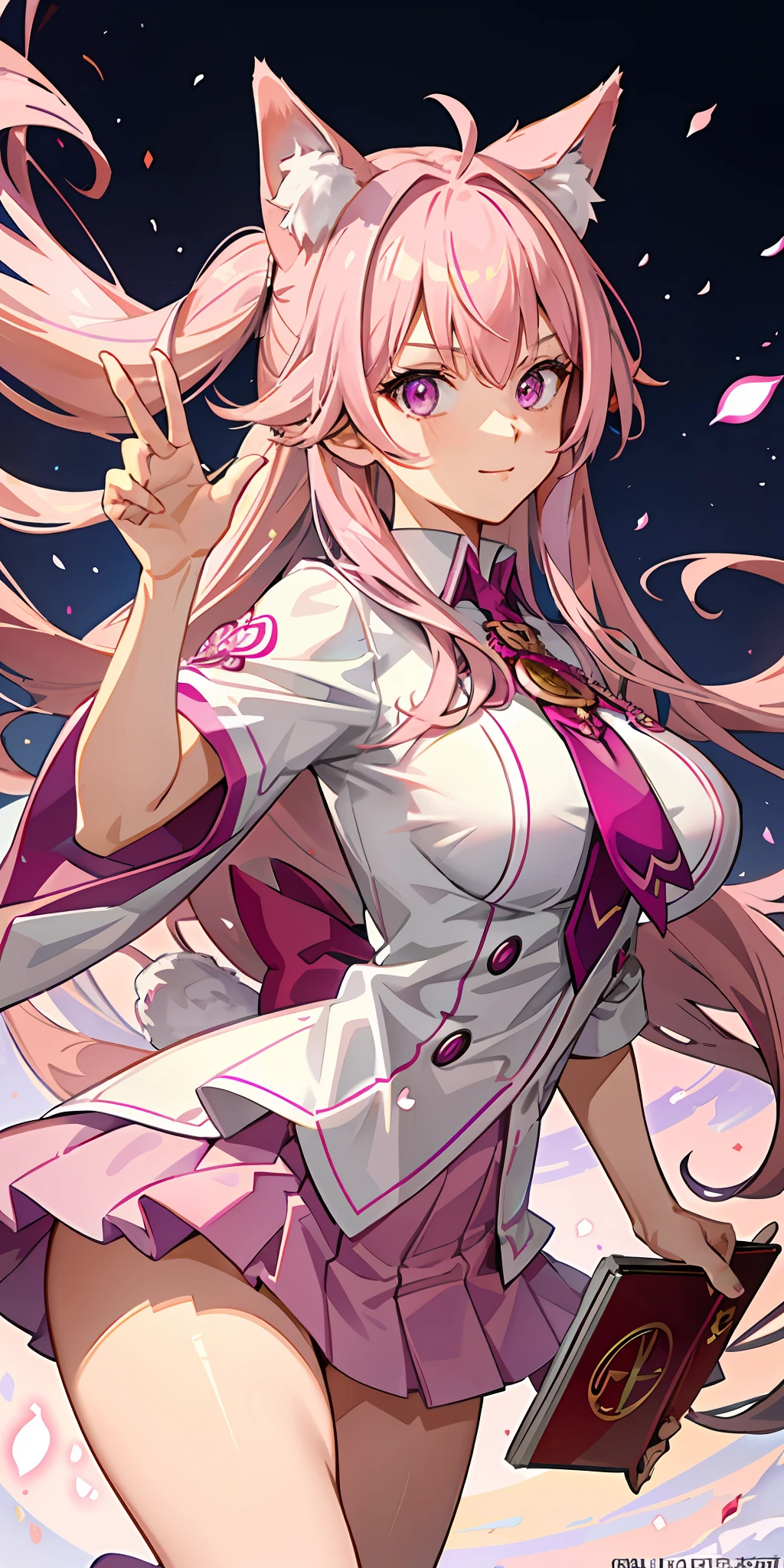 1girl, pink hair, multicolored hair(pink,purple), pink eyes, sidelighting, light particles, wallpaper, big breast,Miko uniform,  dynamic pose, bring a book, pink fox ear, pink fox tail