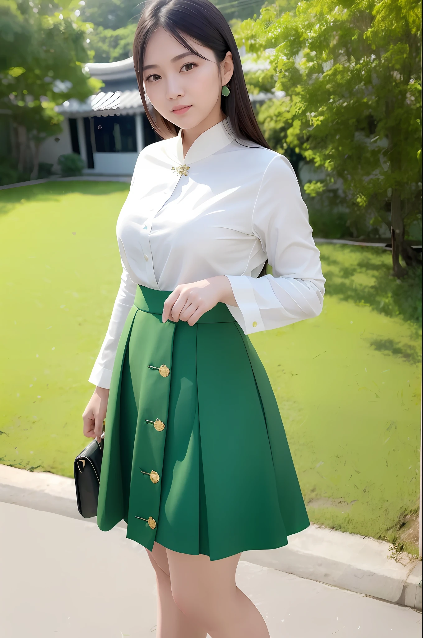 a woman in a green skirt and white shirt posing for a picture, white shirt and green skirt, traditional beauty, green and white, lovely woman, vietnamese woman, beautiful asian girl, asian girl, south east asian with long, traditional dress, an asian woman