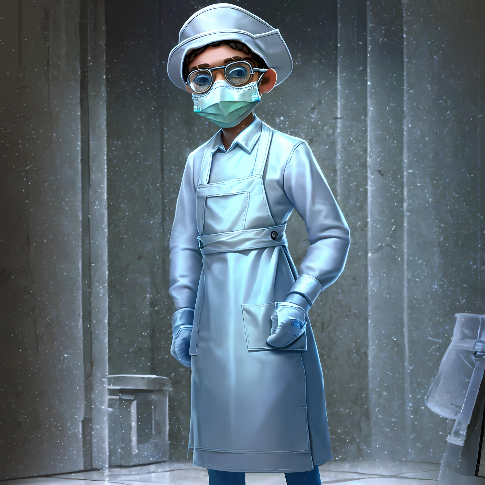 masterpiece, high quality, young boy, nurse white hat, light blue long sleeve shirt, white apron, white gloves, white mask, goggles, facing forward, looking at camera, full body, center of screen