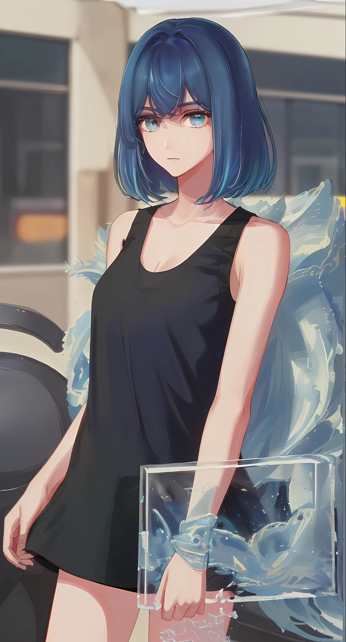 ((Best Quality, 8k, Masterpiece: 1.3)), Full Body, Focus Clear: 1.2, Outstanding Beauty: 1.4, Slender Abs: 1.2, (((Blue Hair, Big: 1.2)), Black Tank Top, Highly Detailed Face and Skin Texture, Detailed Eyes, Double Eyelids