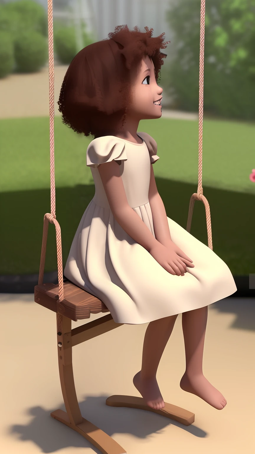 3D a is sitting on a swing, (((solo))), telegram sticker, creating a soft, long dress female, video animation, girl afro brown hair, freedom, profile image, standing confidently, she is the center of the garden, smiling face, listing image, dreams
