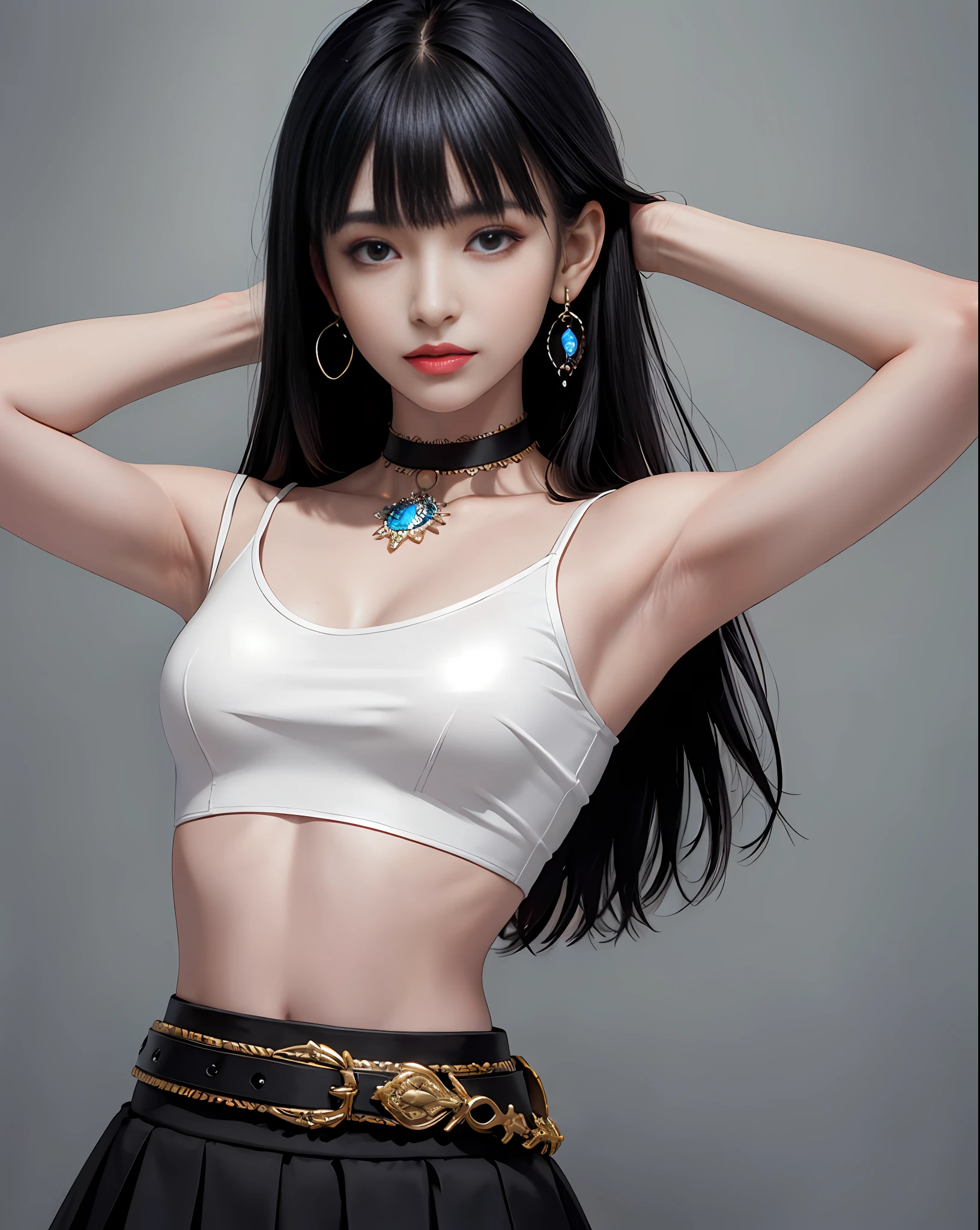 (masterpiece, best quality, 1girl, solo, intricate details, chromatic aberration), (realistic),(skin), ((breath)),(black hair,blunt bangs),detailed hair, red head ornament, blue highlights, hair over one eye,black eyes, small earrings, sharp eyes, choker,((black crop top )),(black skirt),(belt),open waist,(symmetry eyes),(perfect symmetrical body), night,(((natural light))),backlighting,against grey wall, dim lighting ,look at viewer,((centered shot, from front,(face and waist)))