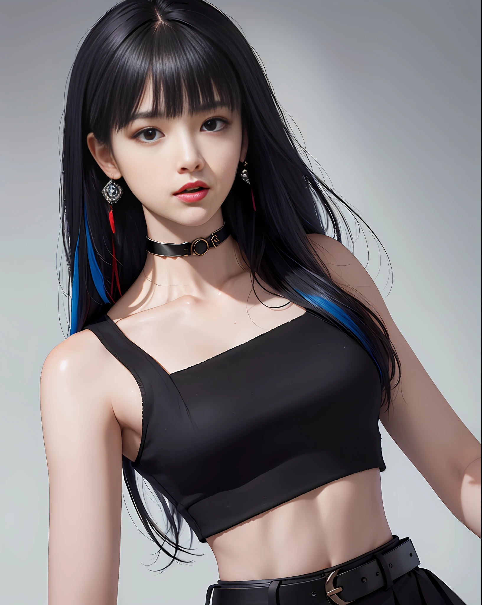 (masterpiece, best quality, 1girl, solo, intricate details, chromatic aberration), (realistic),(skin), ((breath)),(black hair,blunt bangs),detailed hair, red head ornament, blue highlights, hair over one eye,black eyes, small earrings, sharp eyes, choker,((black crop top )),(black skirt),(belt),open waist,(symmetry eyes),(perfect symmetrical body), night,(((natural light))),backlighting,against grey  wall, dim lighting ,look at viewer,((centered shot, from front,(face and waist)))