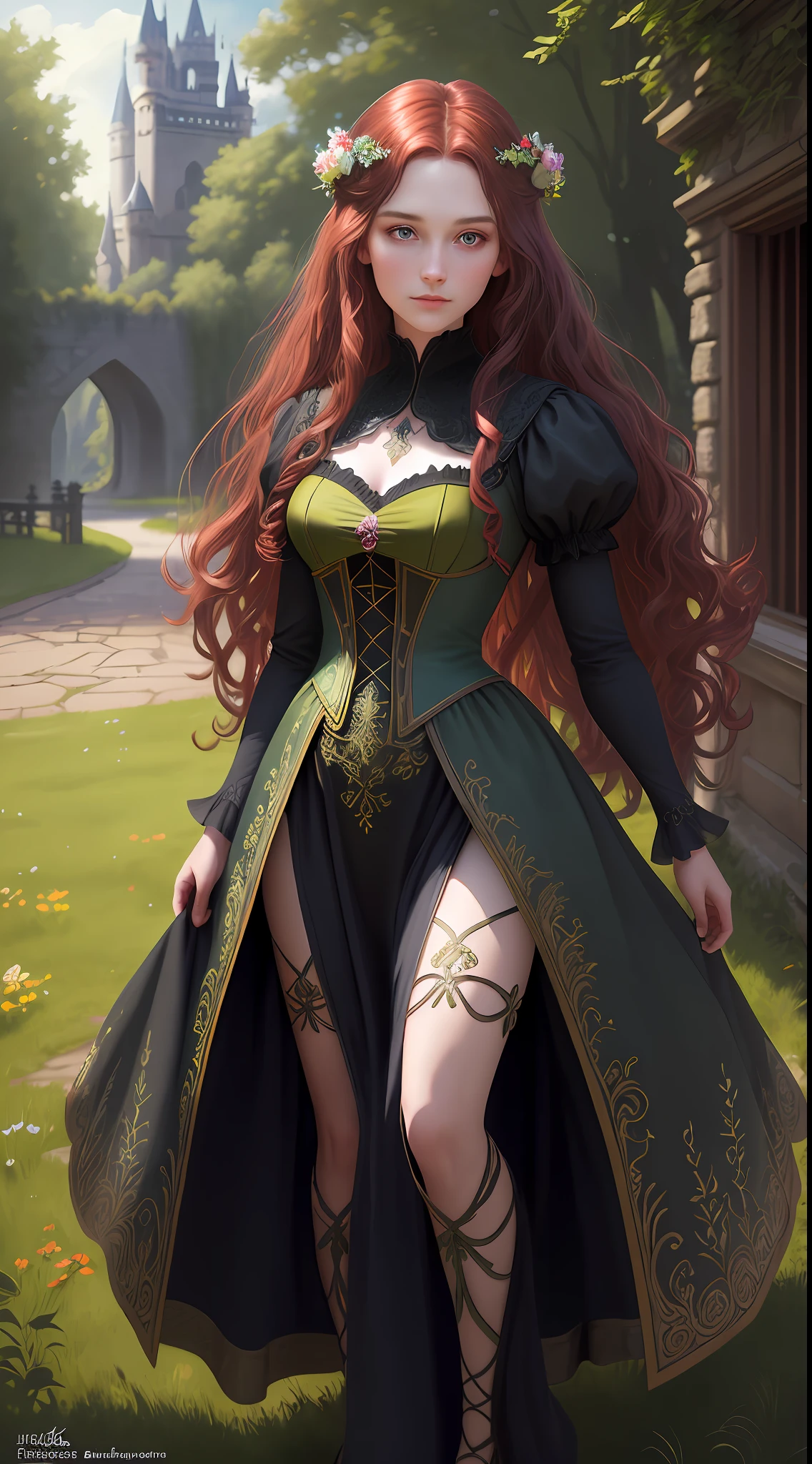 Beautiful girl, (castle background), pale skin, delicate and very detailed face, long and curly dark red hair, detailed and realistic bright green eyes, fairies and flowers, wild flowers blending into the hair, elegant medieval princess red dress, full body, hyper-detailed painting, luminism, bar lighting, complex, 4k resolution concept art portrait by Greg Rutkowski, isometric details bioluminescens fractals: An impressive realistic photograph - imagine
