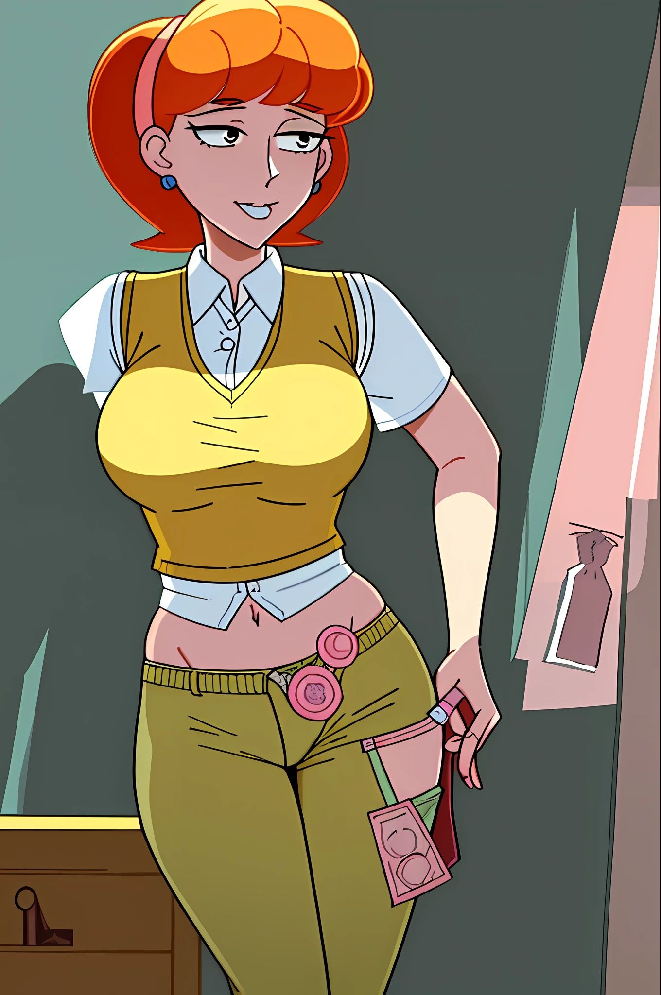 Linda Flynn-Fletcher, masterpiece, best quality, 1 girl, solo, tone, mature woman,, pants, sweater vest, yellow vest, green pants, standing (( condom holding, condom on chest, condom after use))(( biting condom, holding condom, condom after use hanging on chest and leg strap))
