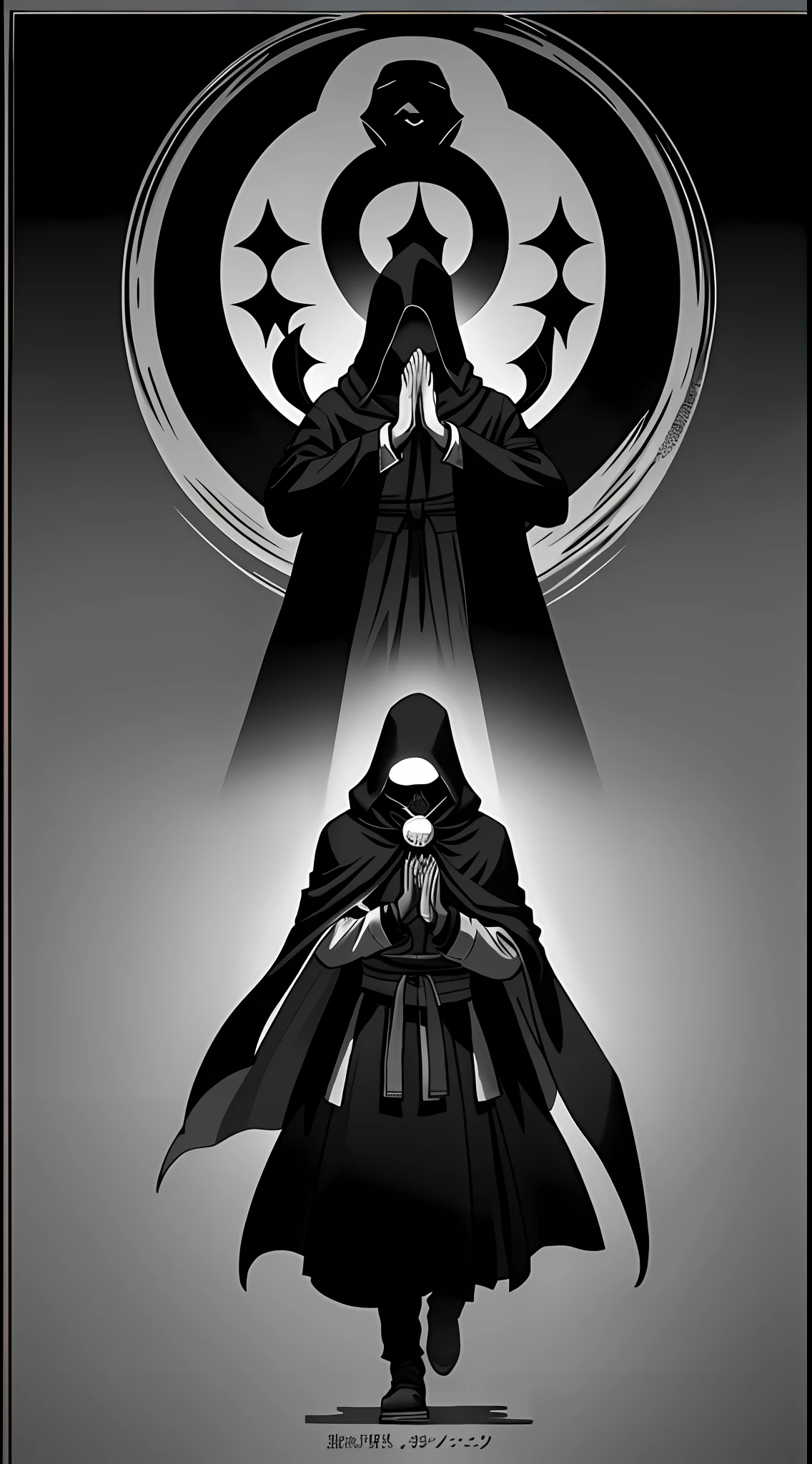 A hooded men with mask, in the center of the empire raising both hands up to the black sun, image from afar, anime