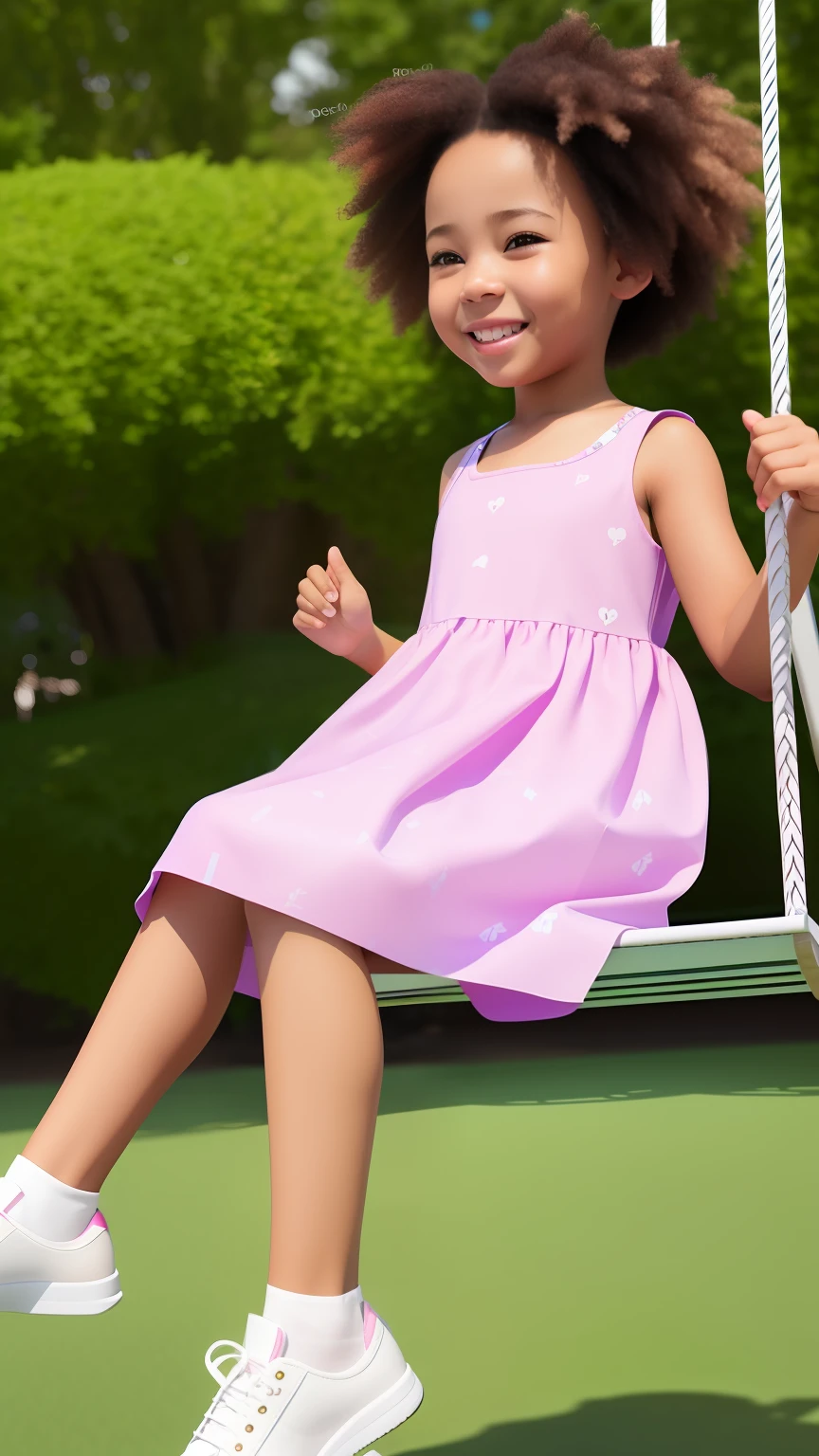 3D a is sitting on a swing, (((solo))), telegram sticker, creating a soft, long dress female, video animation, girl afro- futurista brown hair, close-up afeições faciais detalhadas, freedom, profile image, standing confidently, she is the center of the garden, smiling face, listing image, 8k, dreams