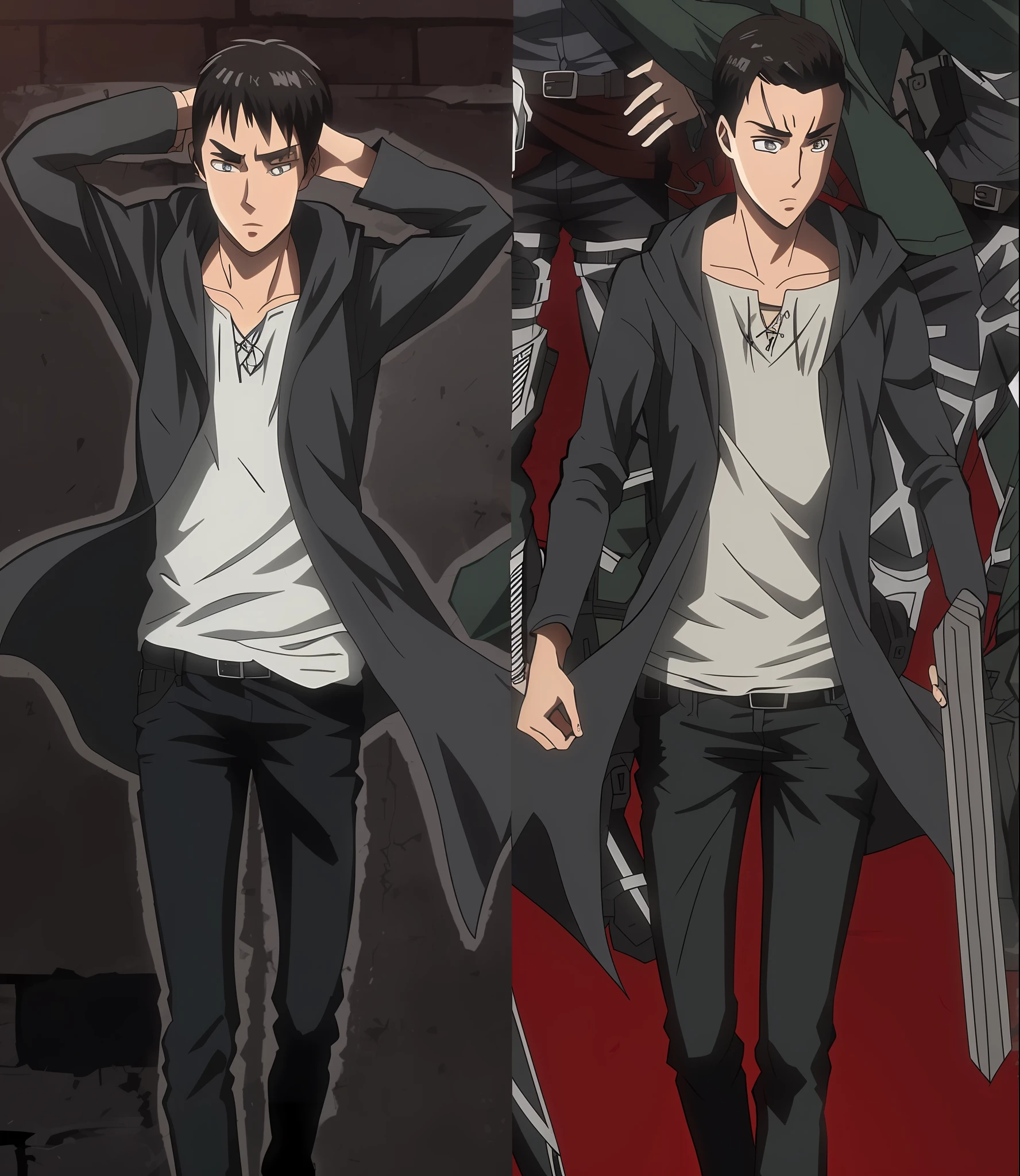 best quality, masterpiece, (realistic: 1.2), 1 man, Eren Jaeger, black jeans, black pants, brown hair, attack on Titan, cold background, black jacket, slim body, high definition, high quality, black clothes